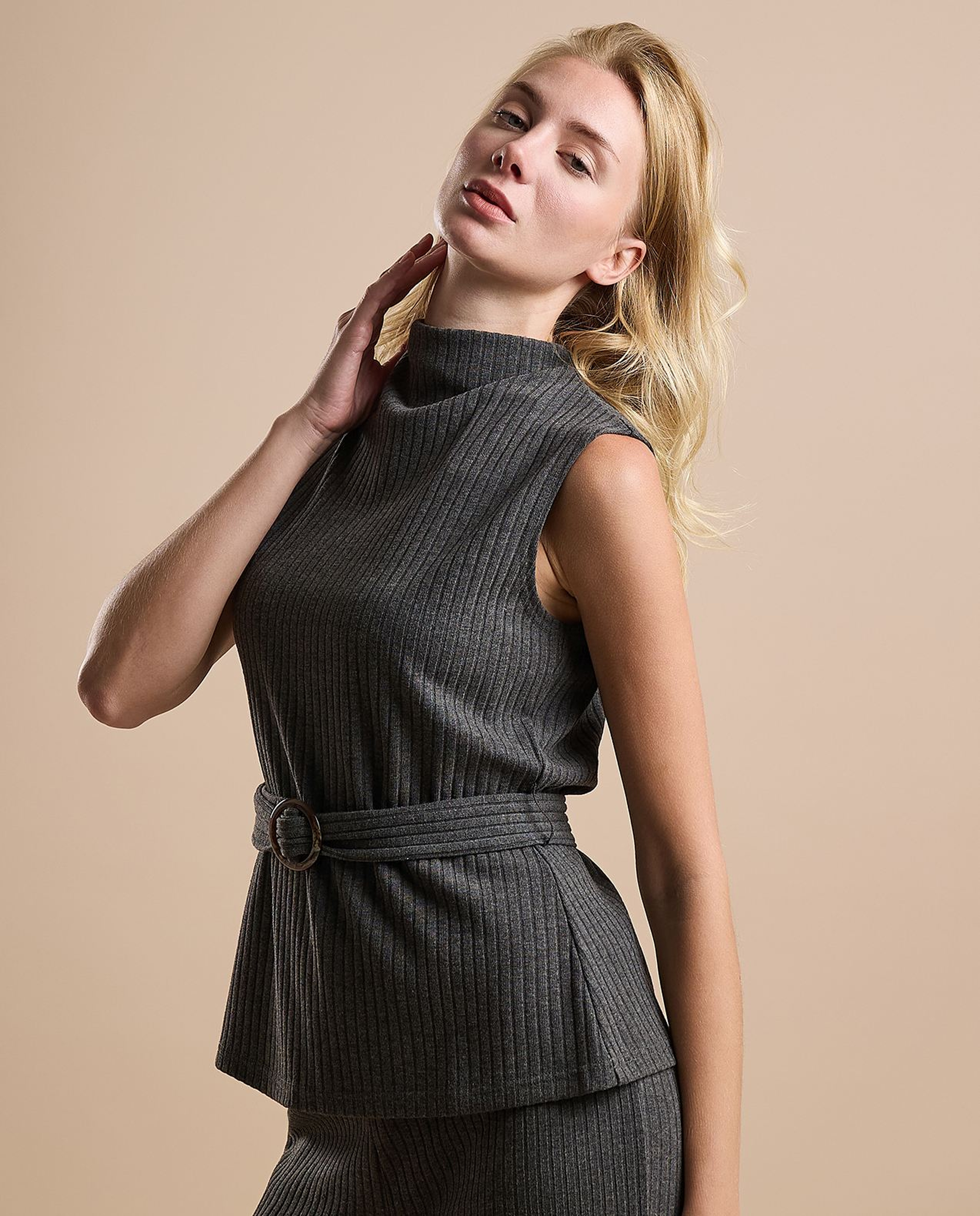Ribbed Belted Sleeveless Top with High Neck