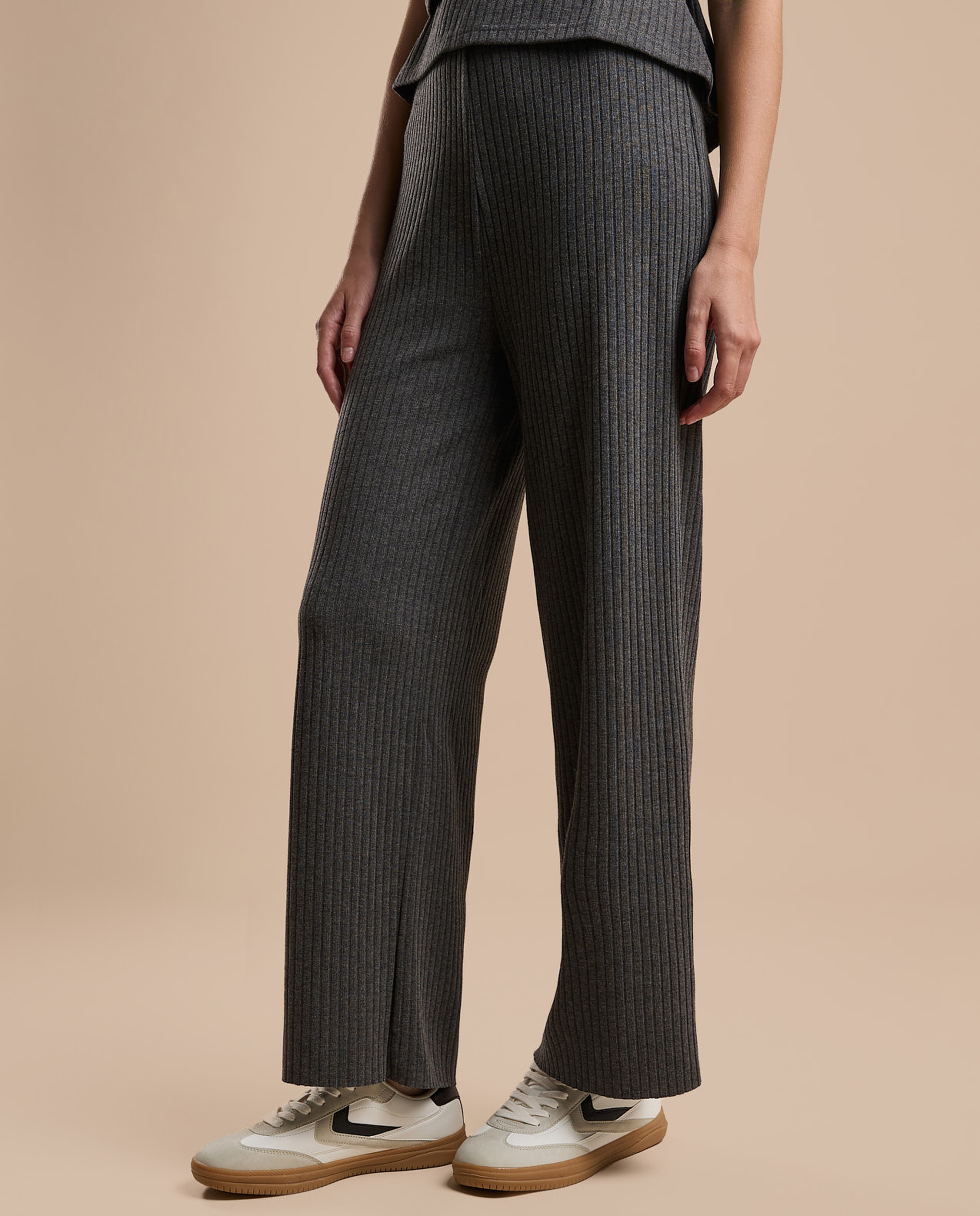 Ribbed Wide Leg Pants with Elastic Waist