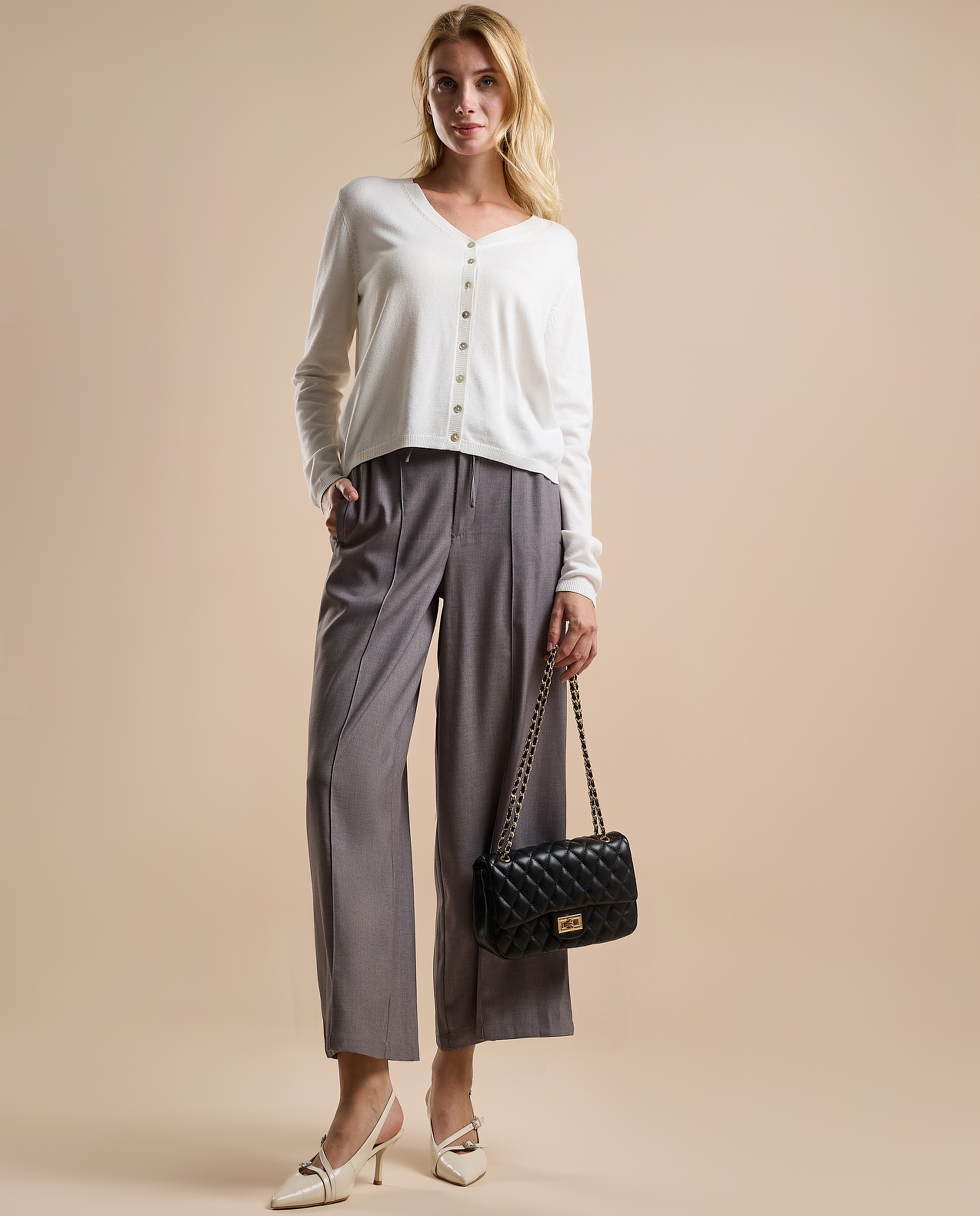 Solid V-Neck Cardigan with Button Closure