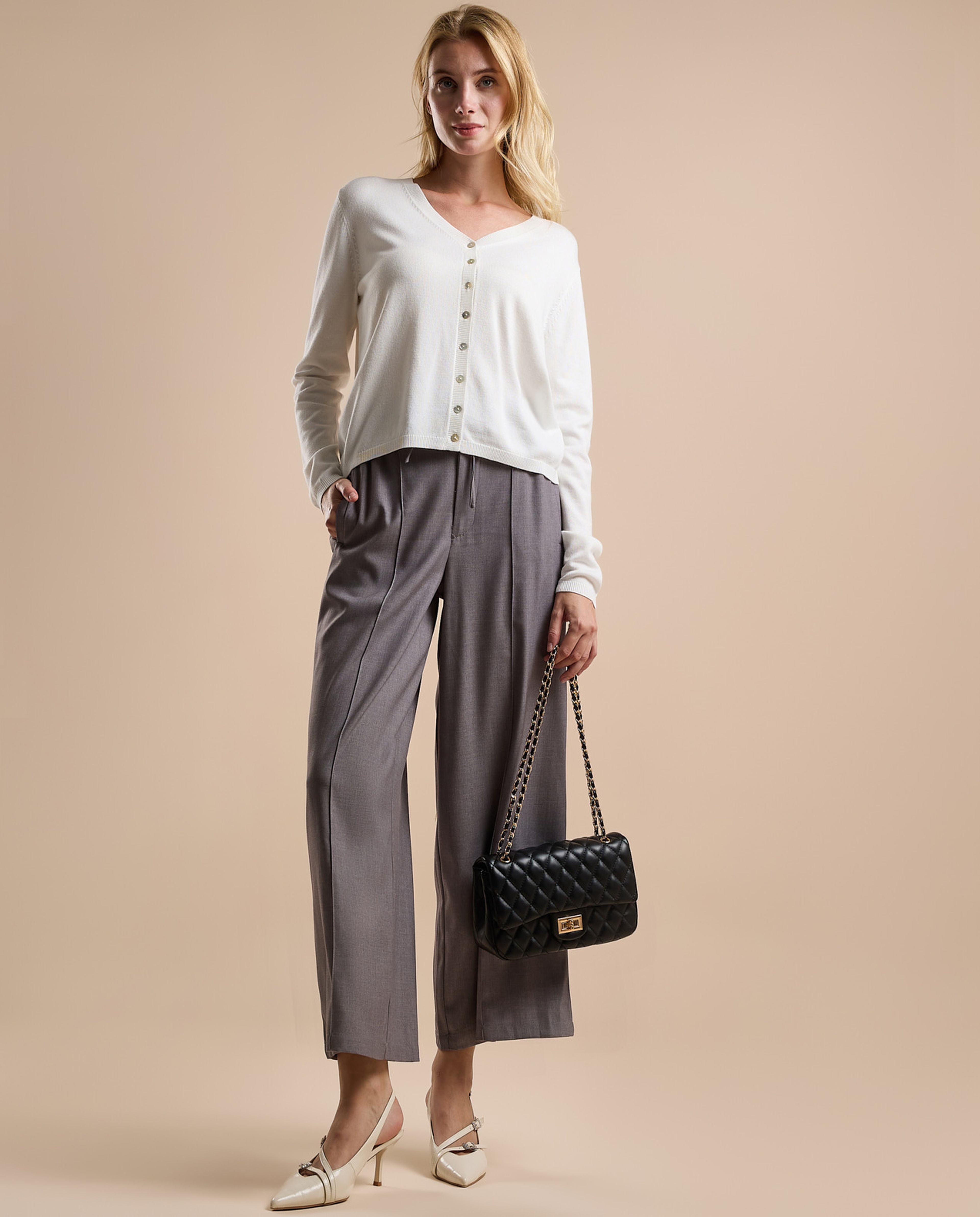 Solid V-Neck Cardigan with Button Closure