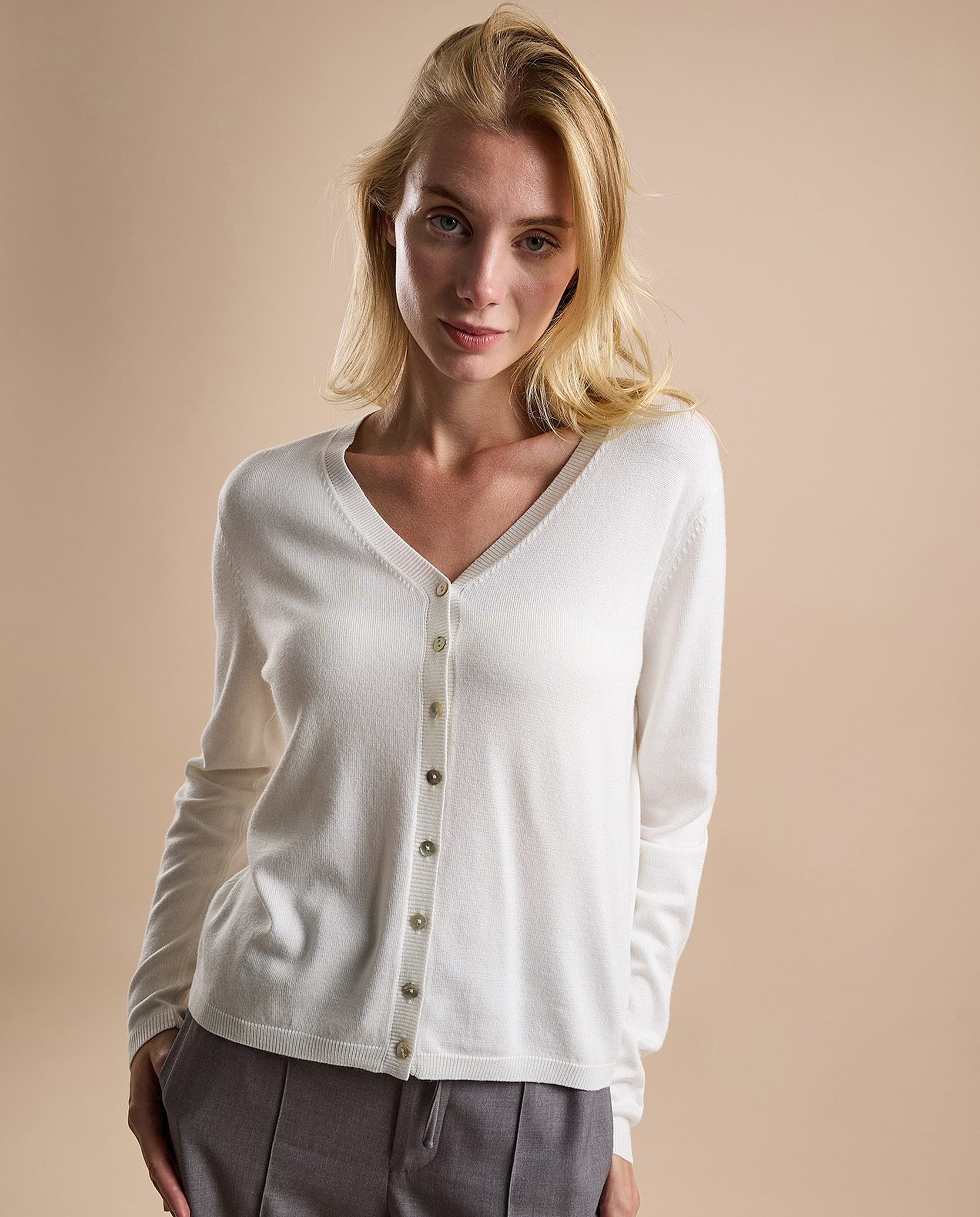 Solid V-Neck Cardigan with Button Closure