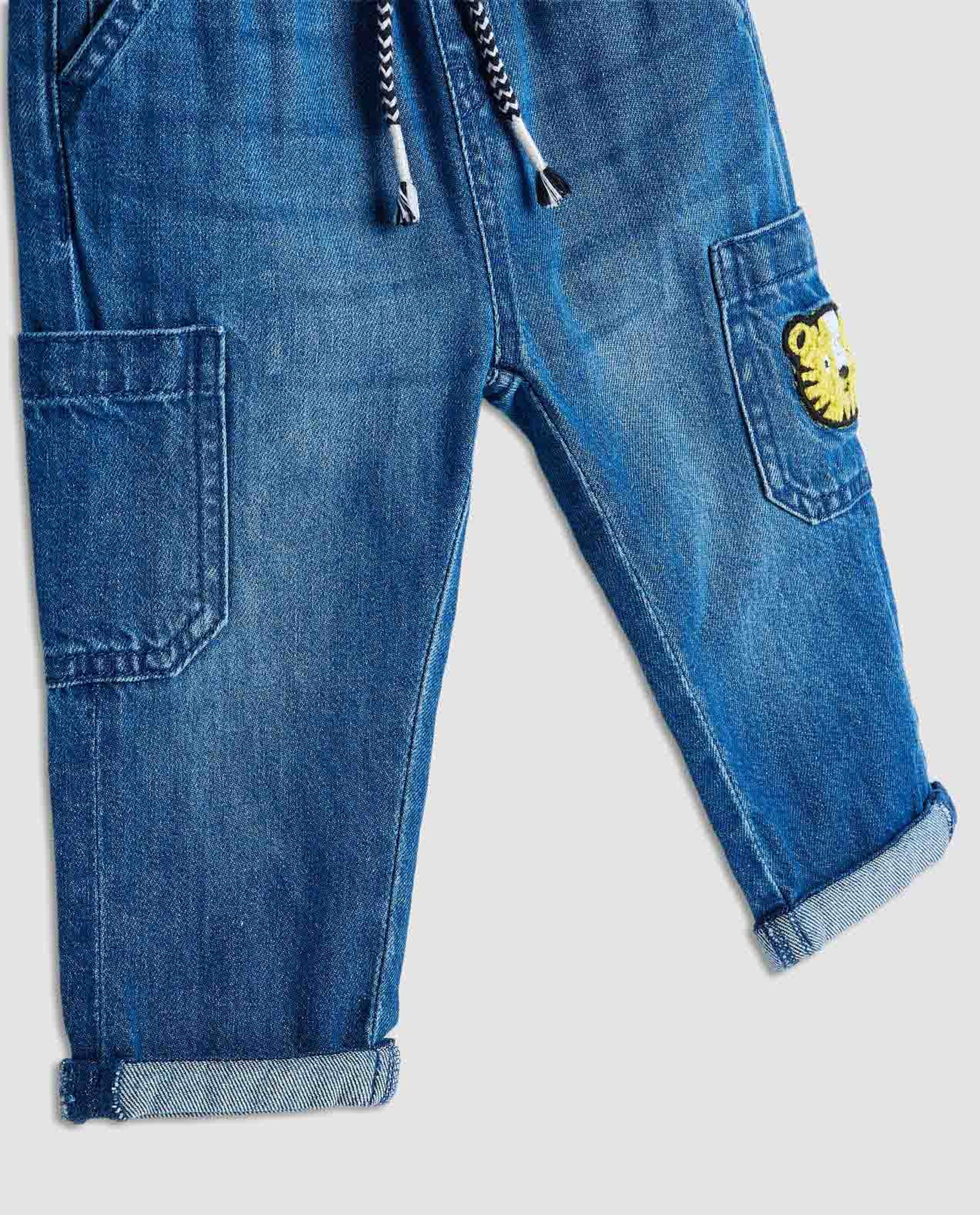 Appliqued Straight Fit Jeans with Drawstring Waist