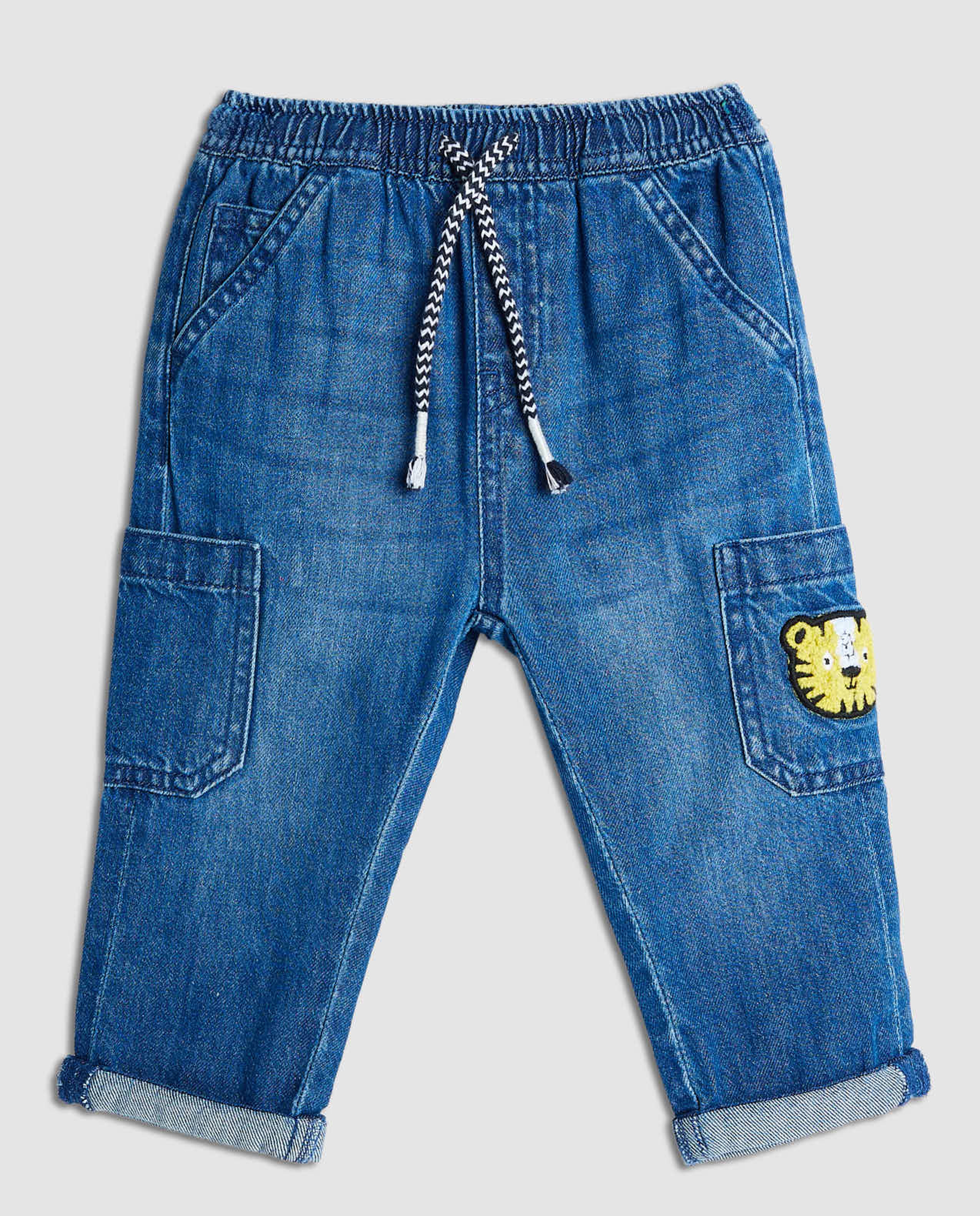 Appliqued Straight Fit Jeans with Drawstring Waist