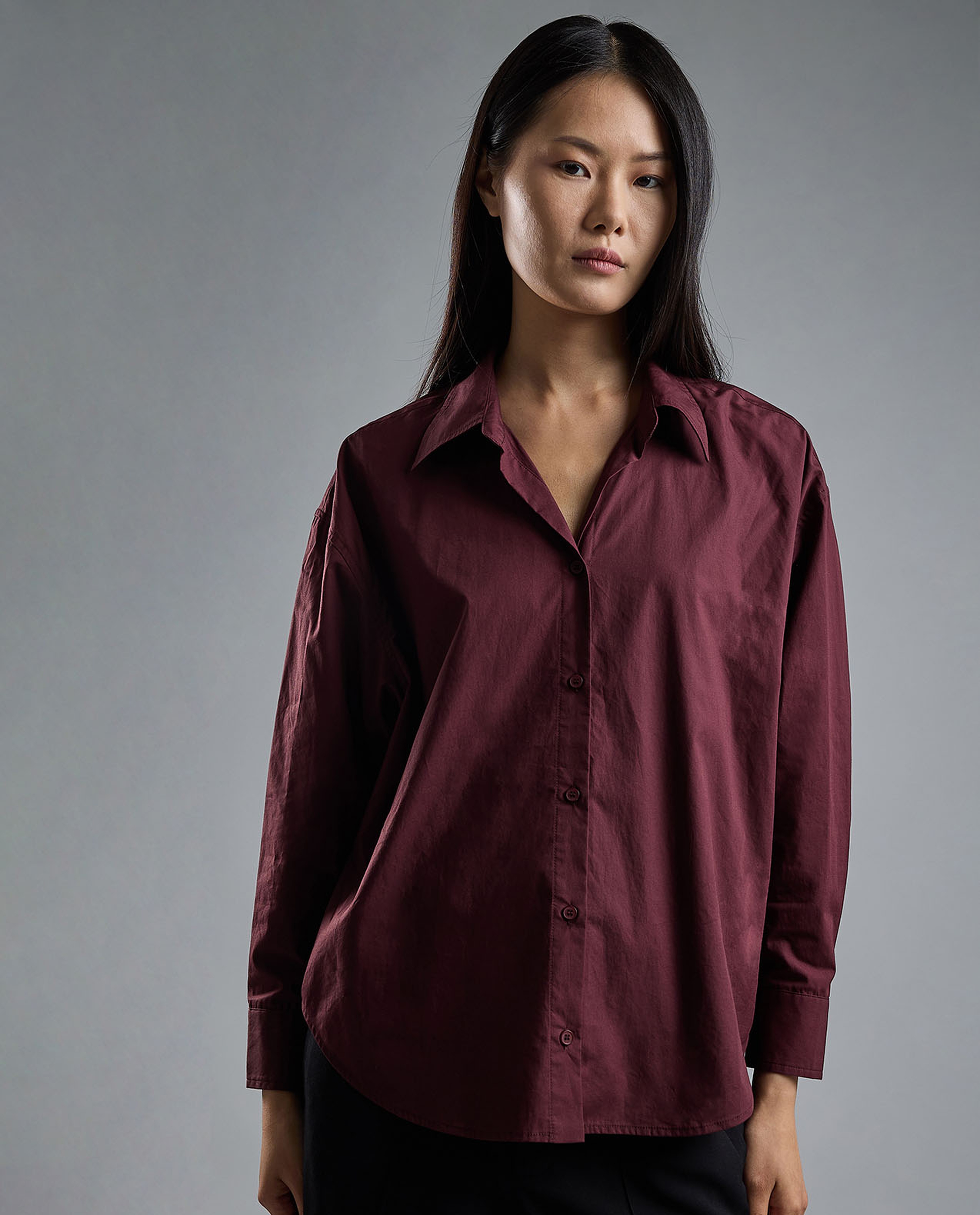 Solid Shirt with Classic Collar and Long Sleeves