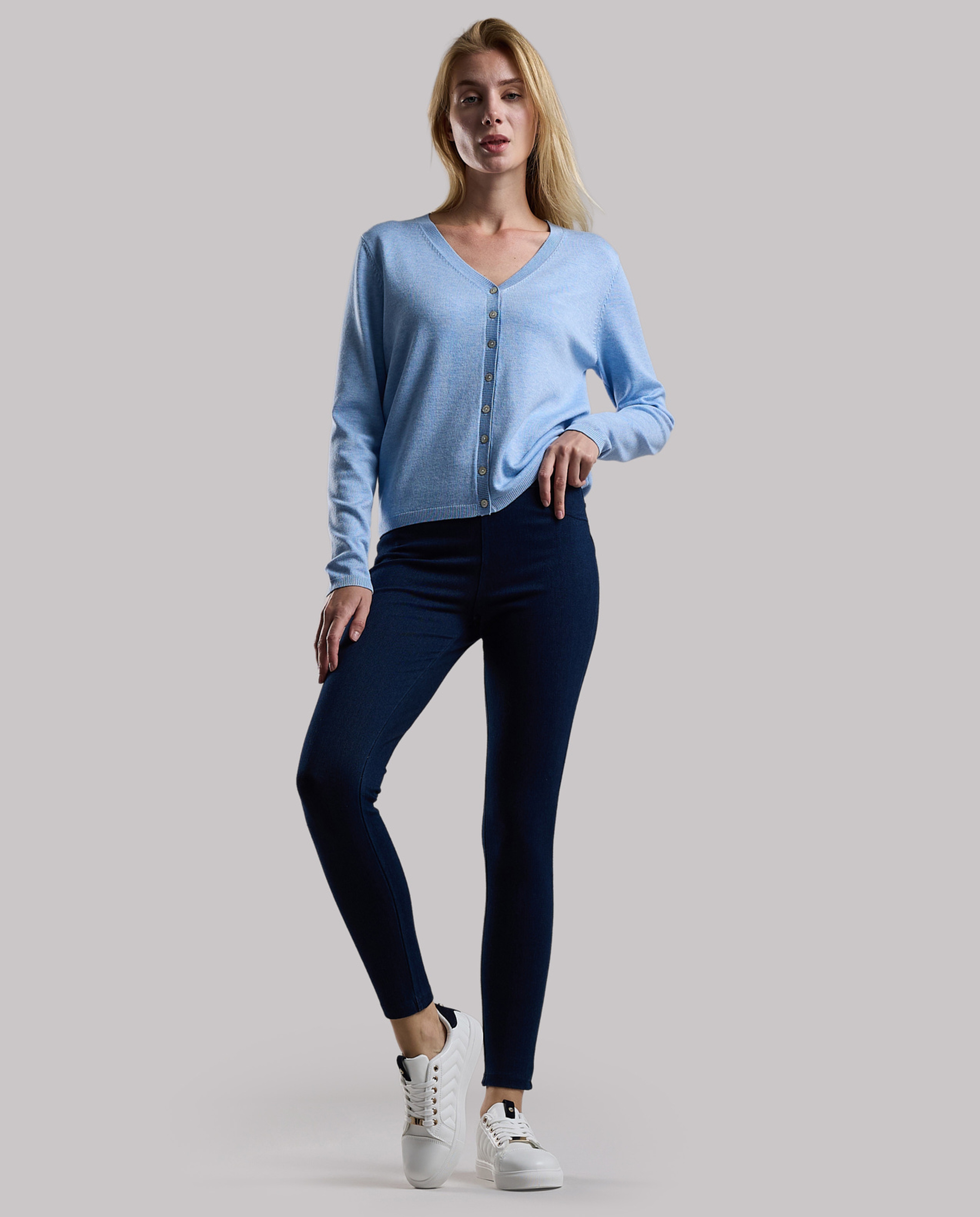 Solid V-Neck Cardigan with Button Closure