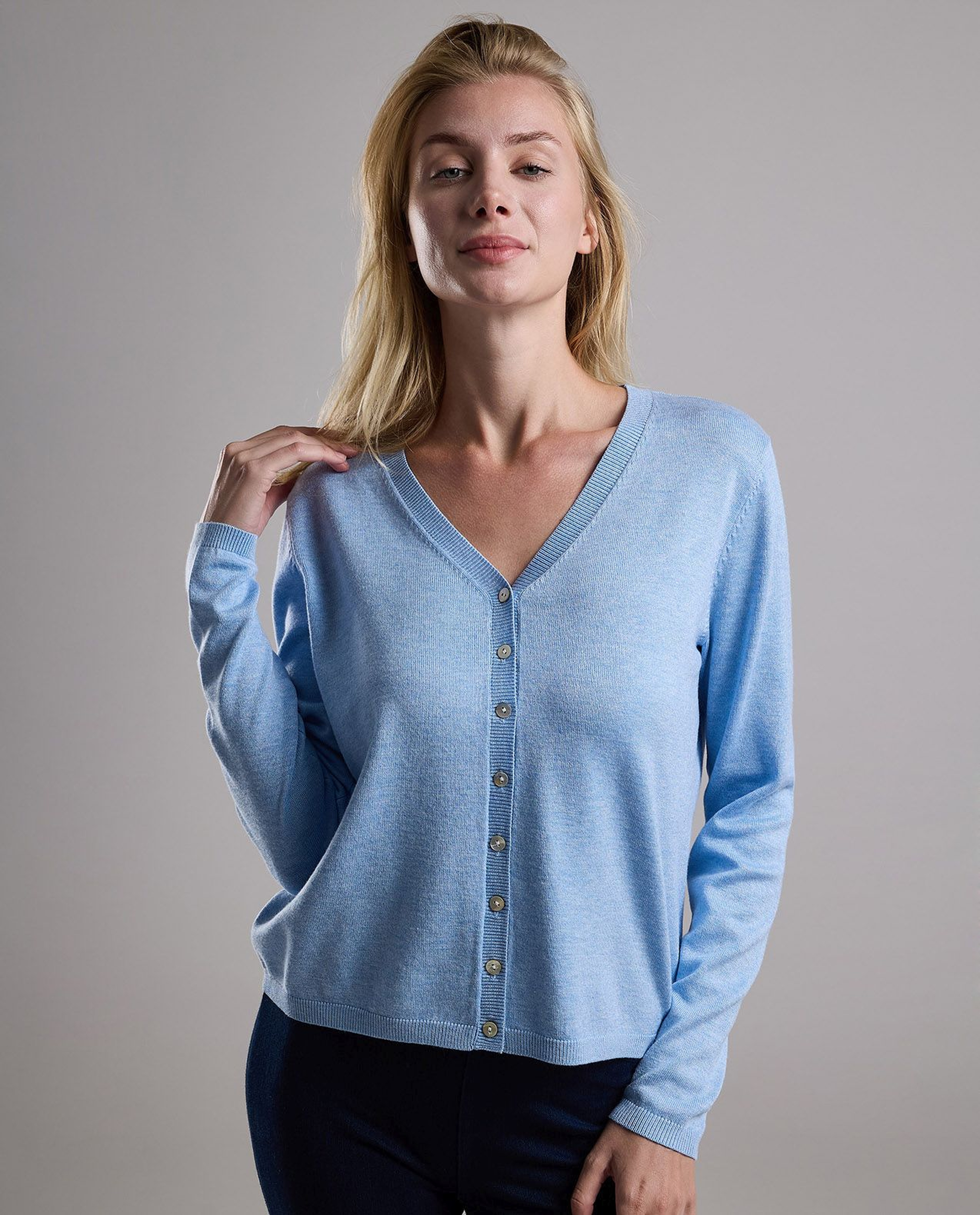 Solid V-Neck Cardigan with Button Closure