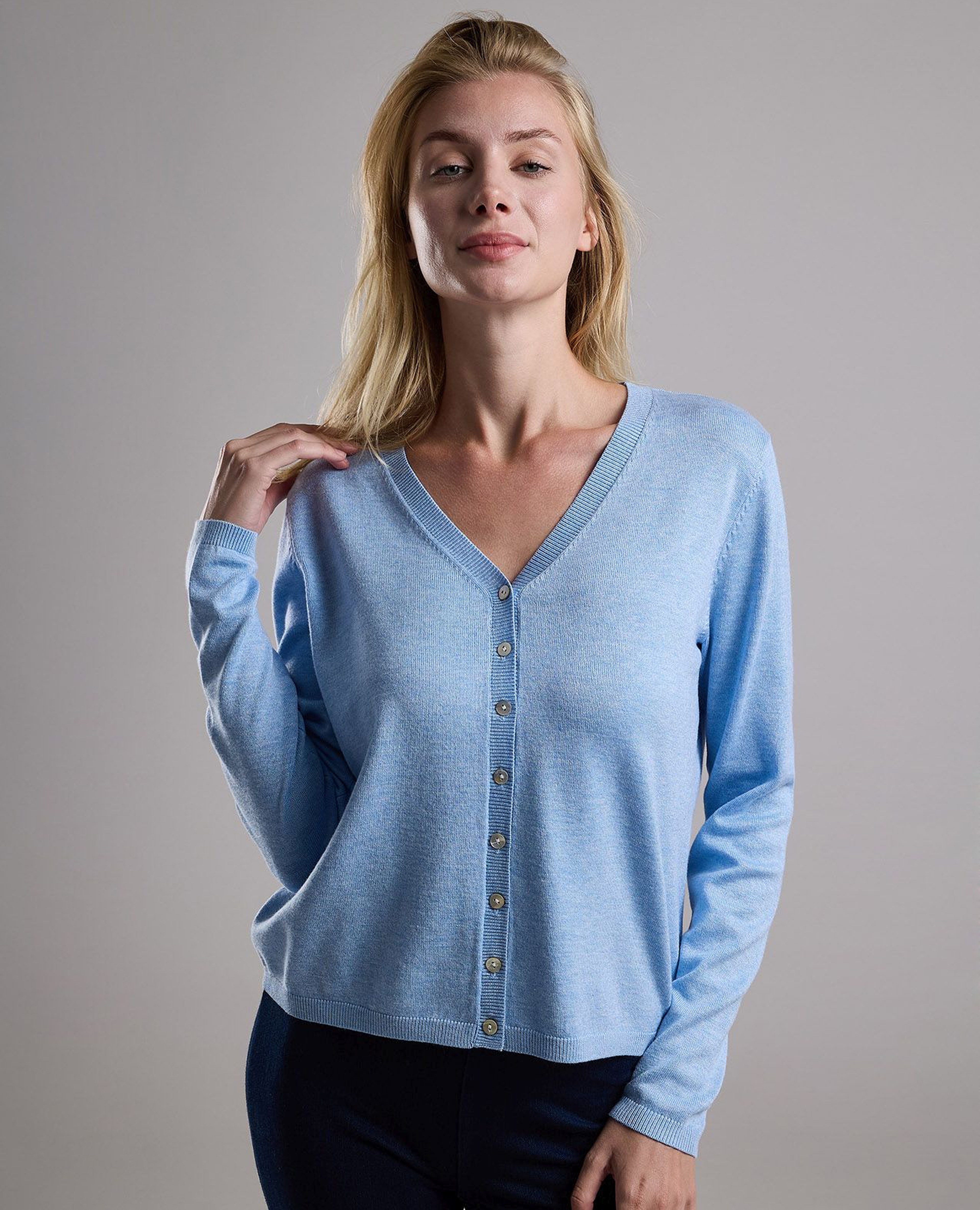 Solid V-Neck Cardigan with Button Closure