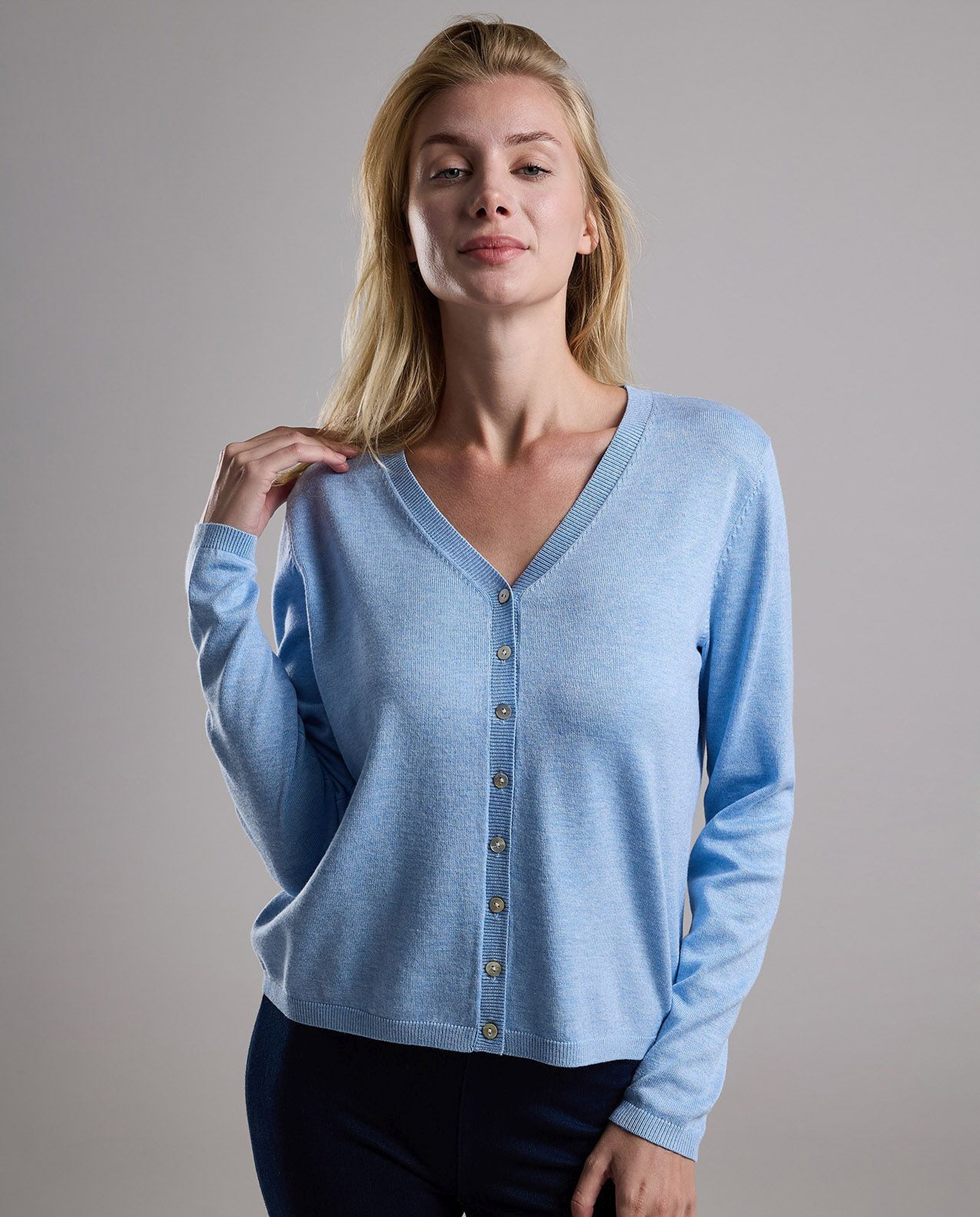 Solid V-Neck Cardigan with Button Closure