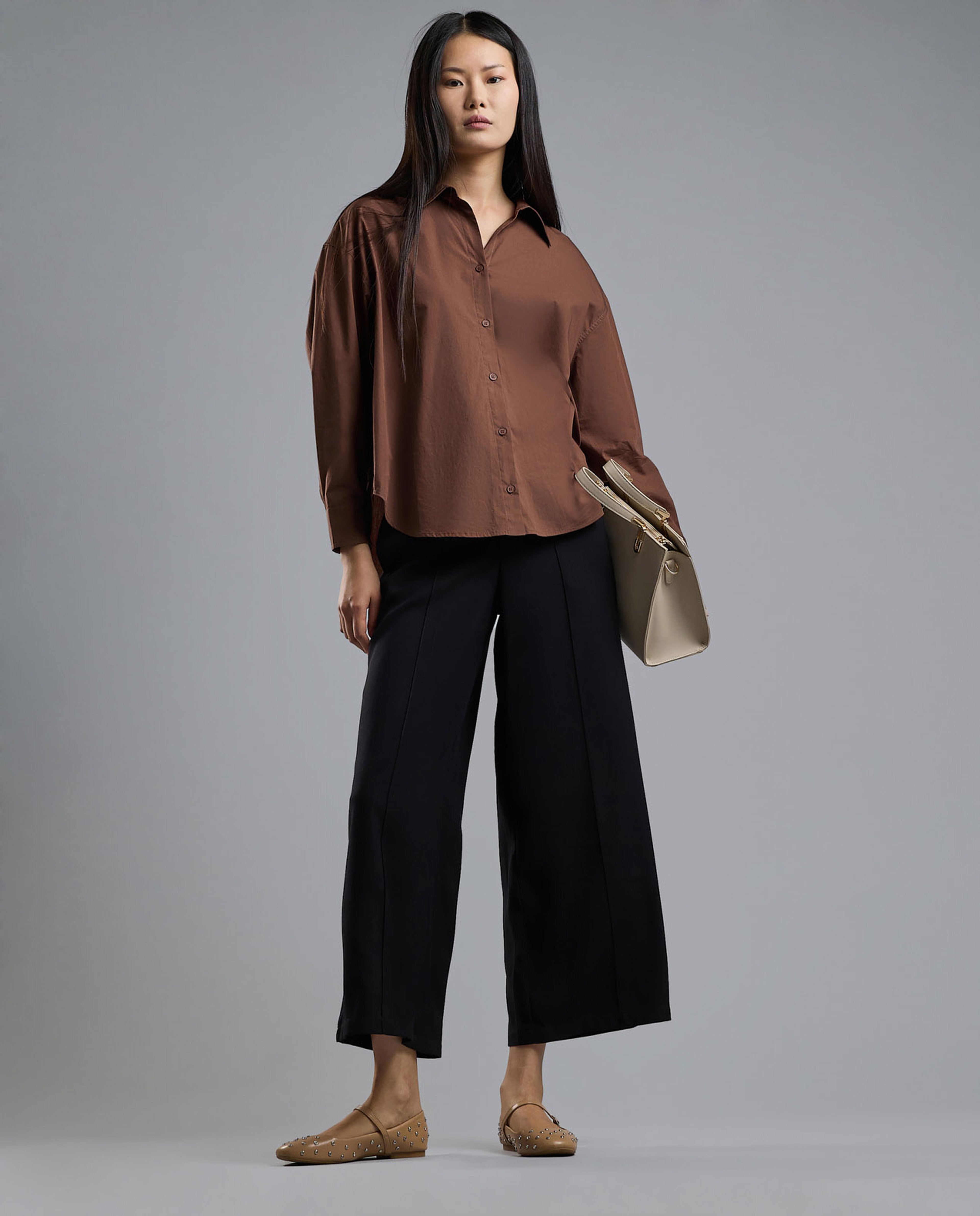 Solid Shirt with Classic Collar and Long Sleeves