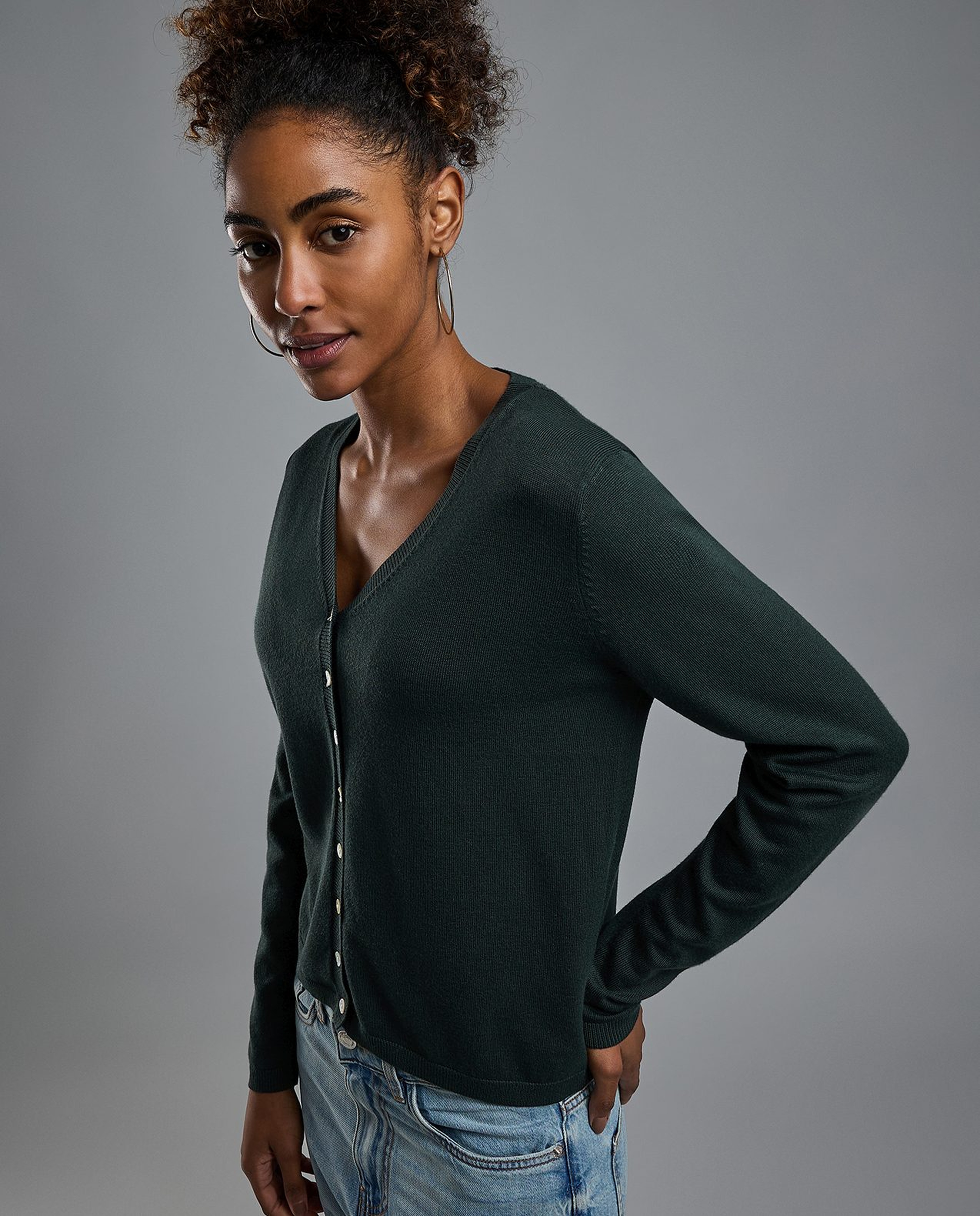 Solid V-Neck Cardigan with Button Closure