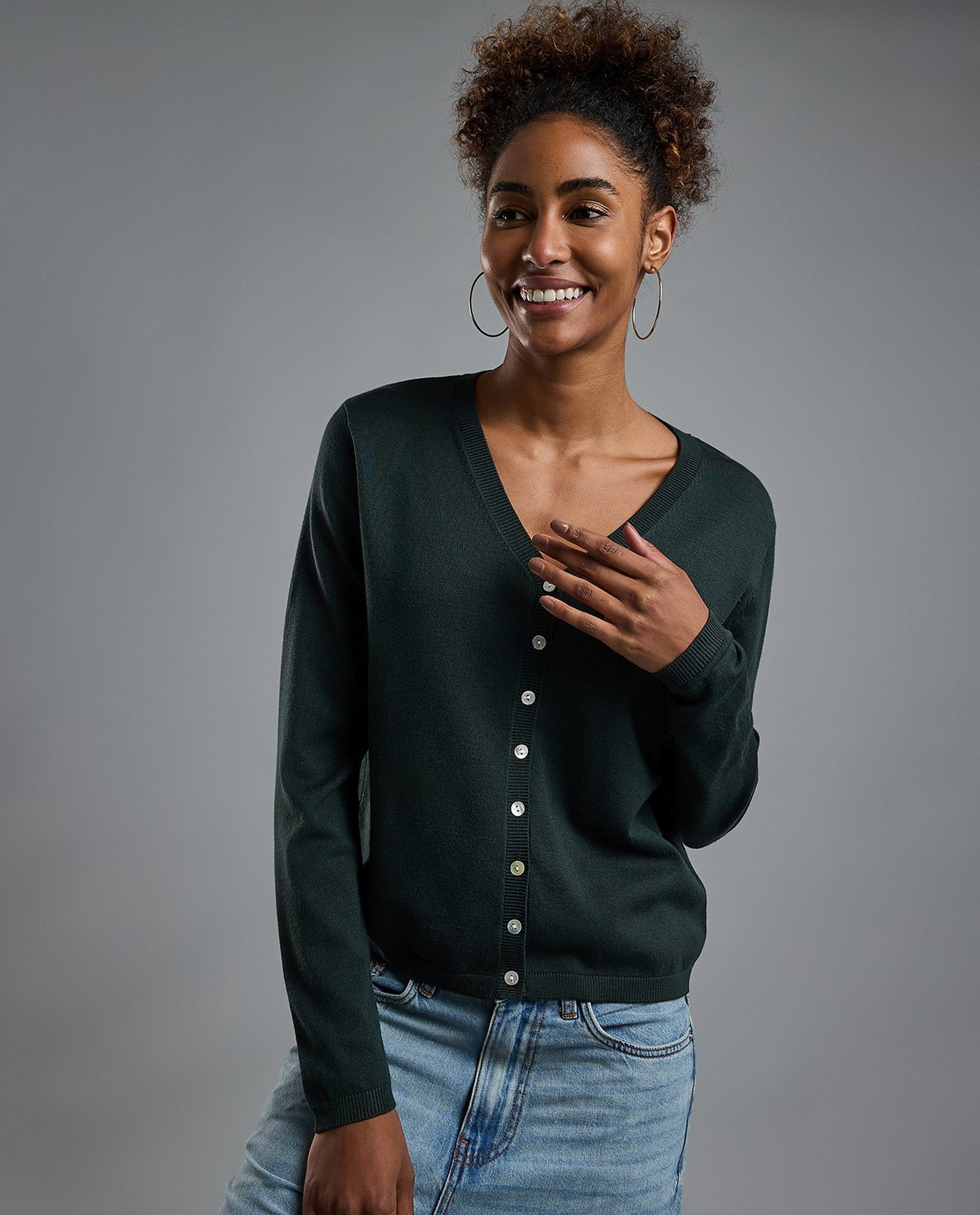 Solid V-Neck Cardigan with Button Closure