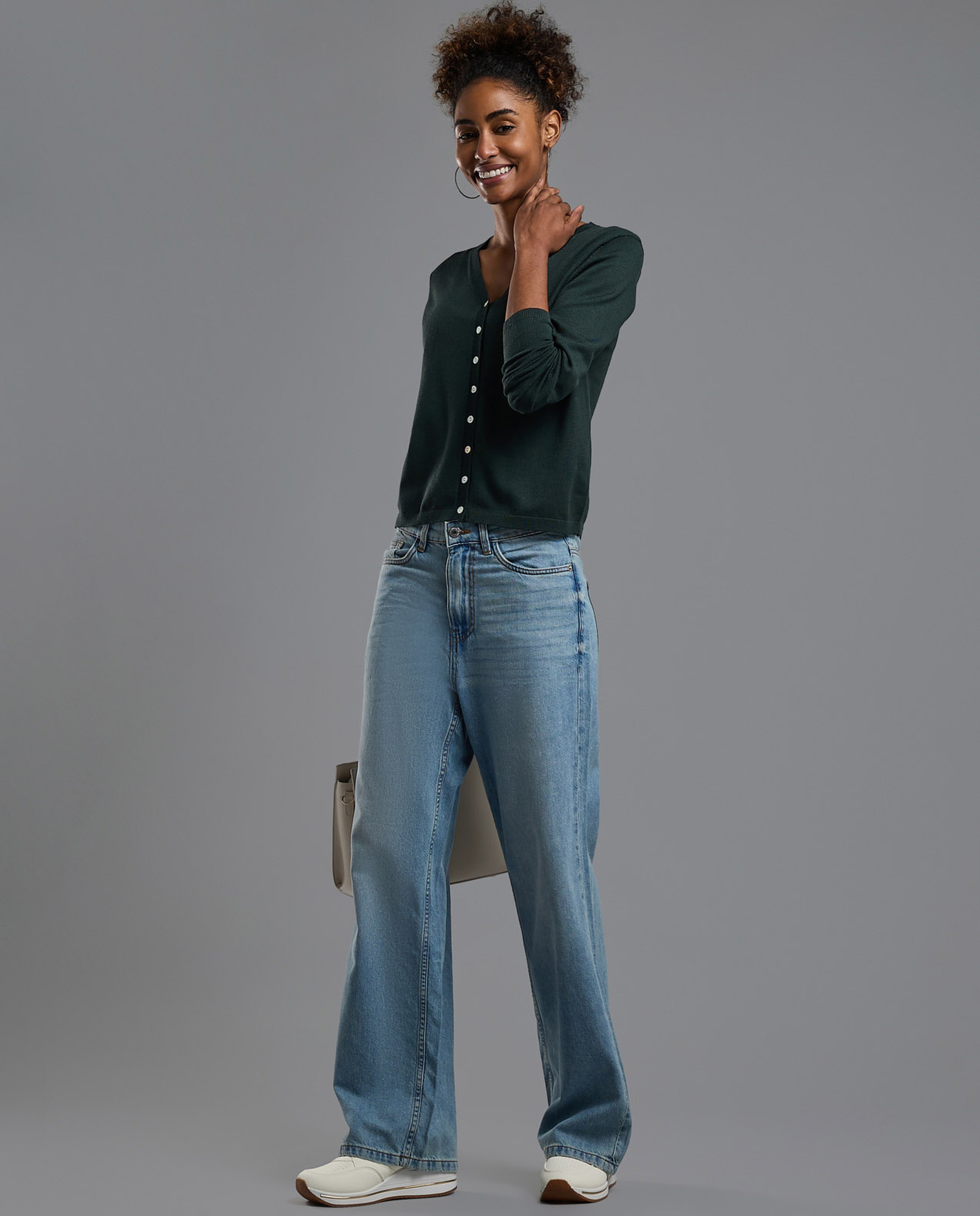 Solid V-Neck Cardigan with Button Closure