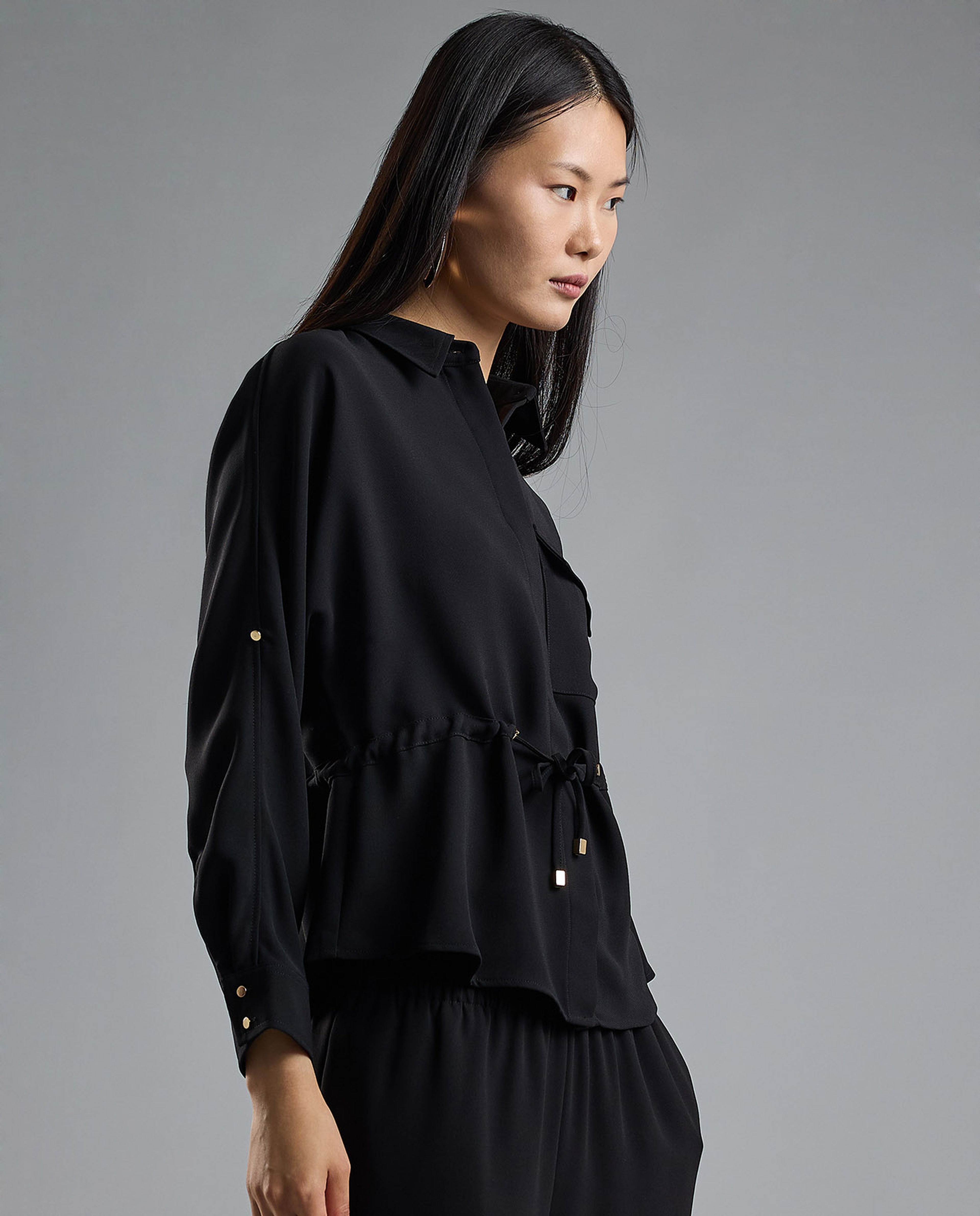 Solid Drawstring Shirt with Classic Collar and Long Sleeves