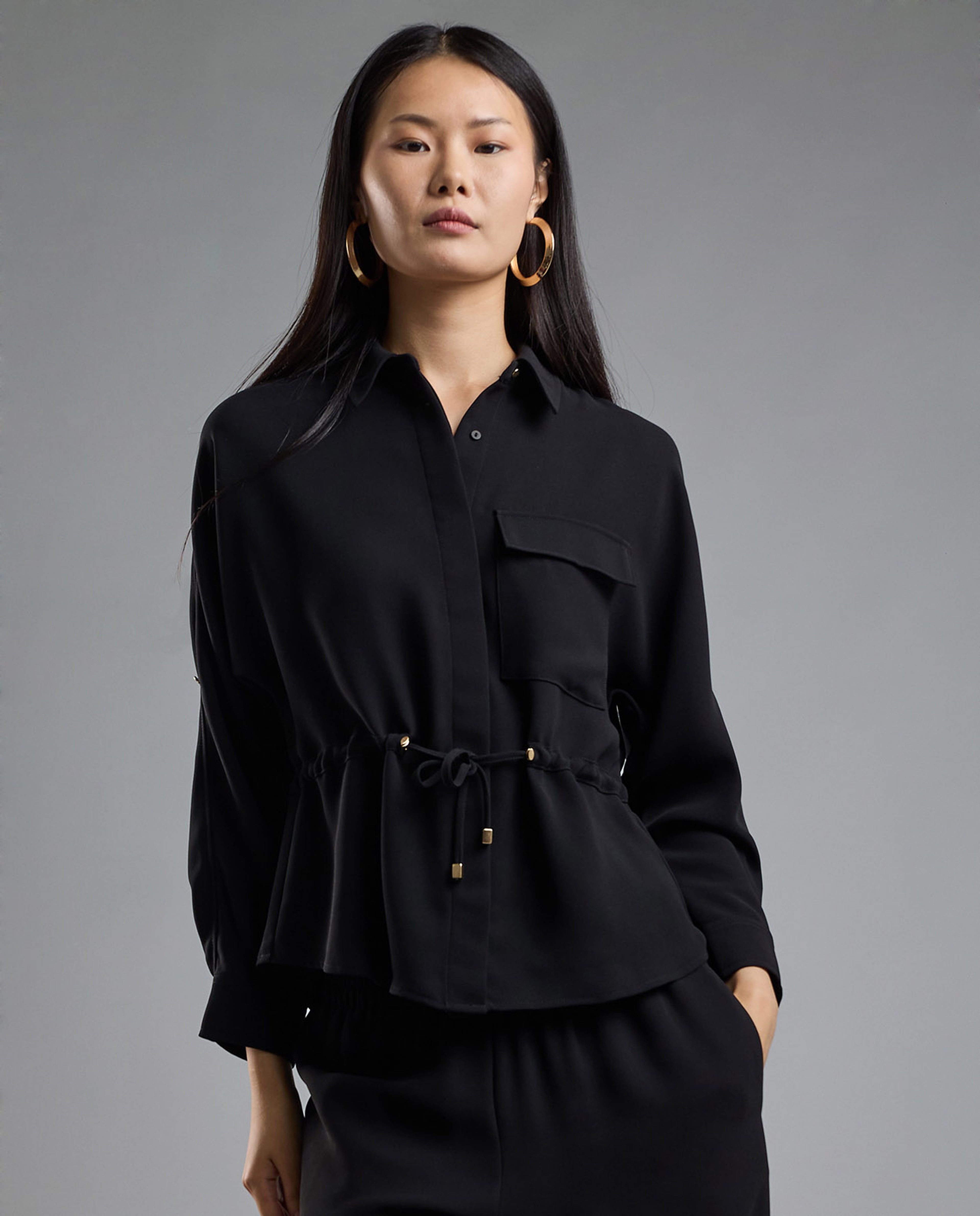 Solid Drawstring Shirt with Classic Collar and Long Sleeves