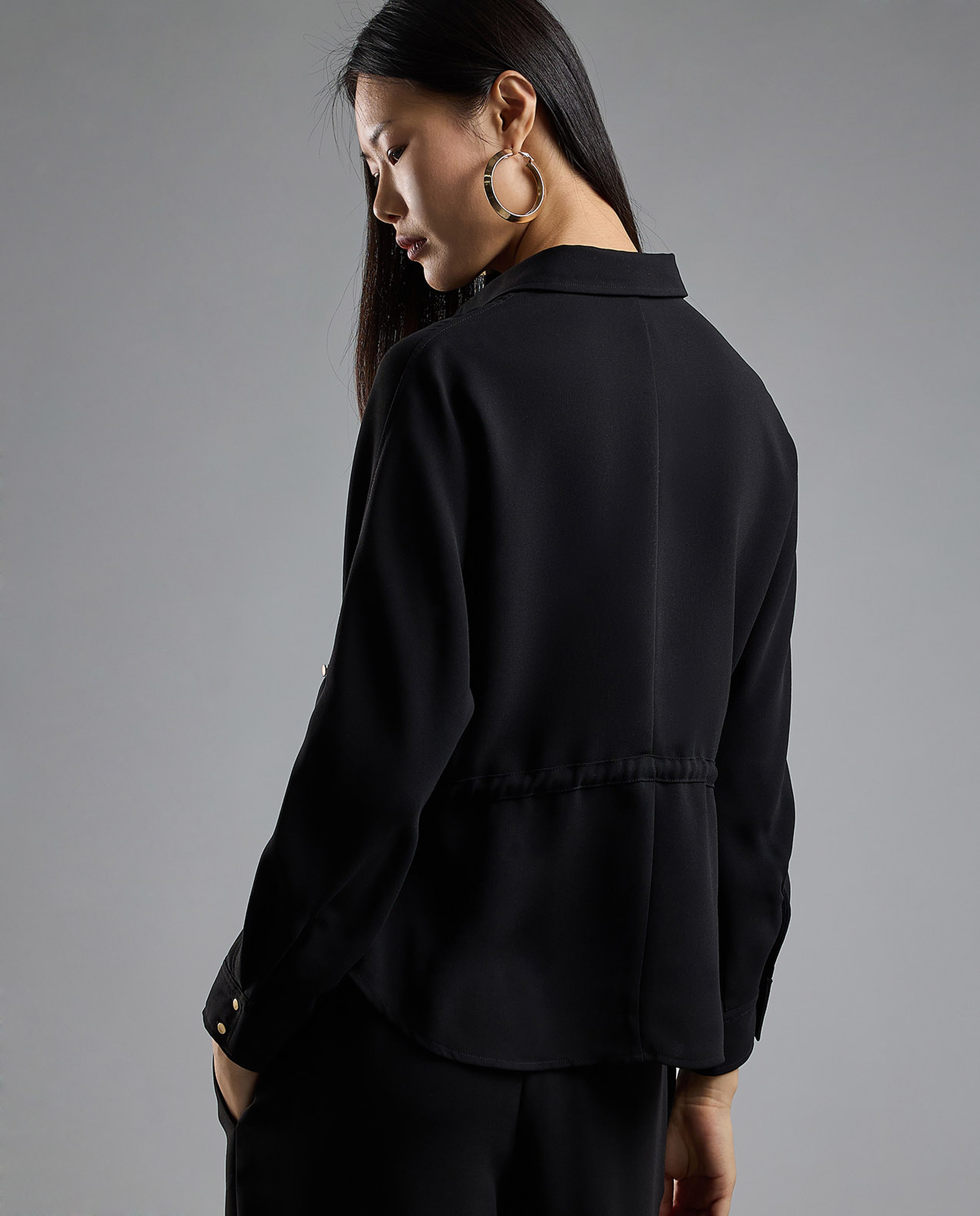 Solid Drawstring Shirt with Classic Collar and Long Sleeves