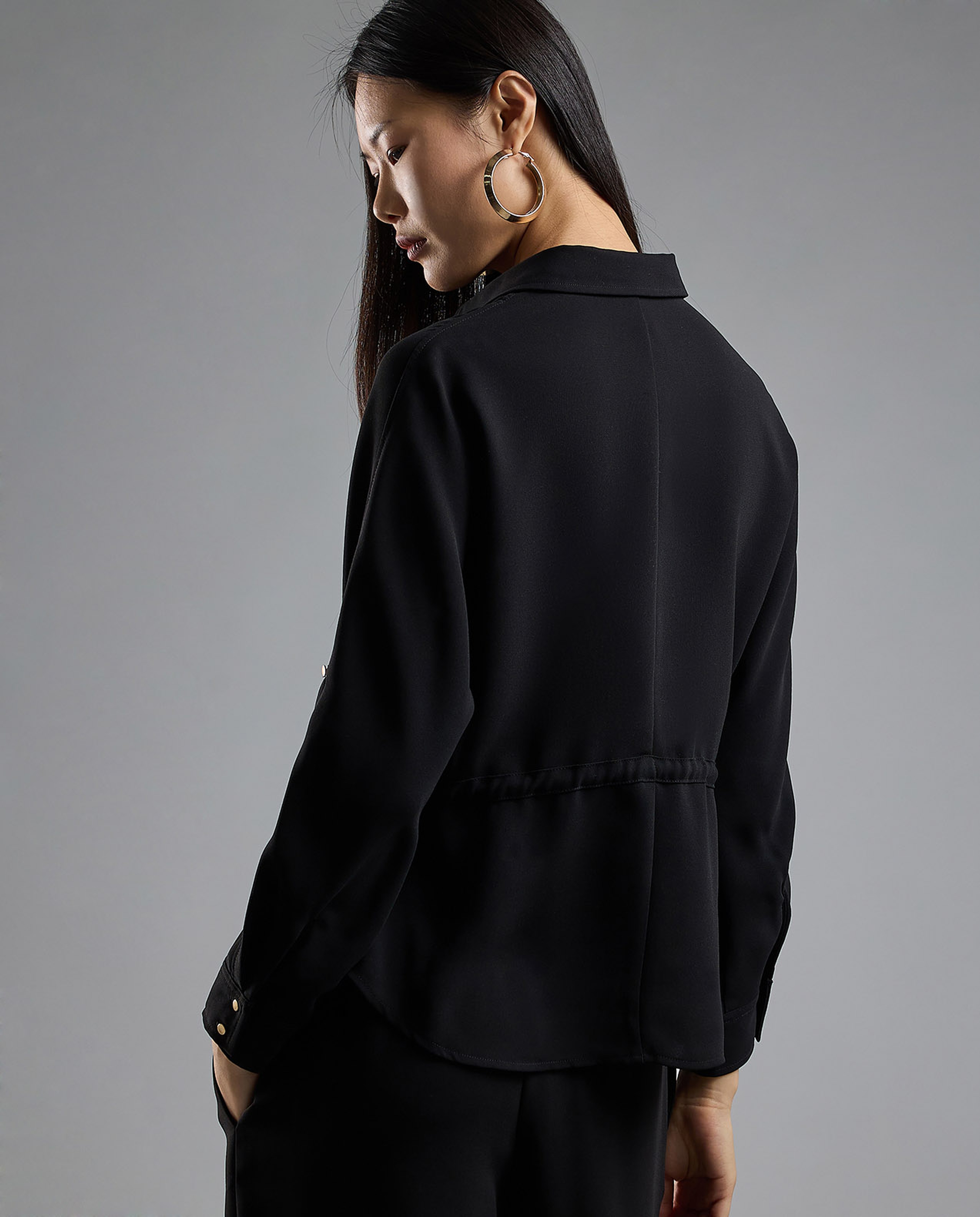 Solid Drawstring Shirt with Classic Collar and Long Sleeves