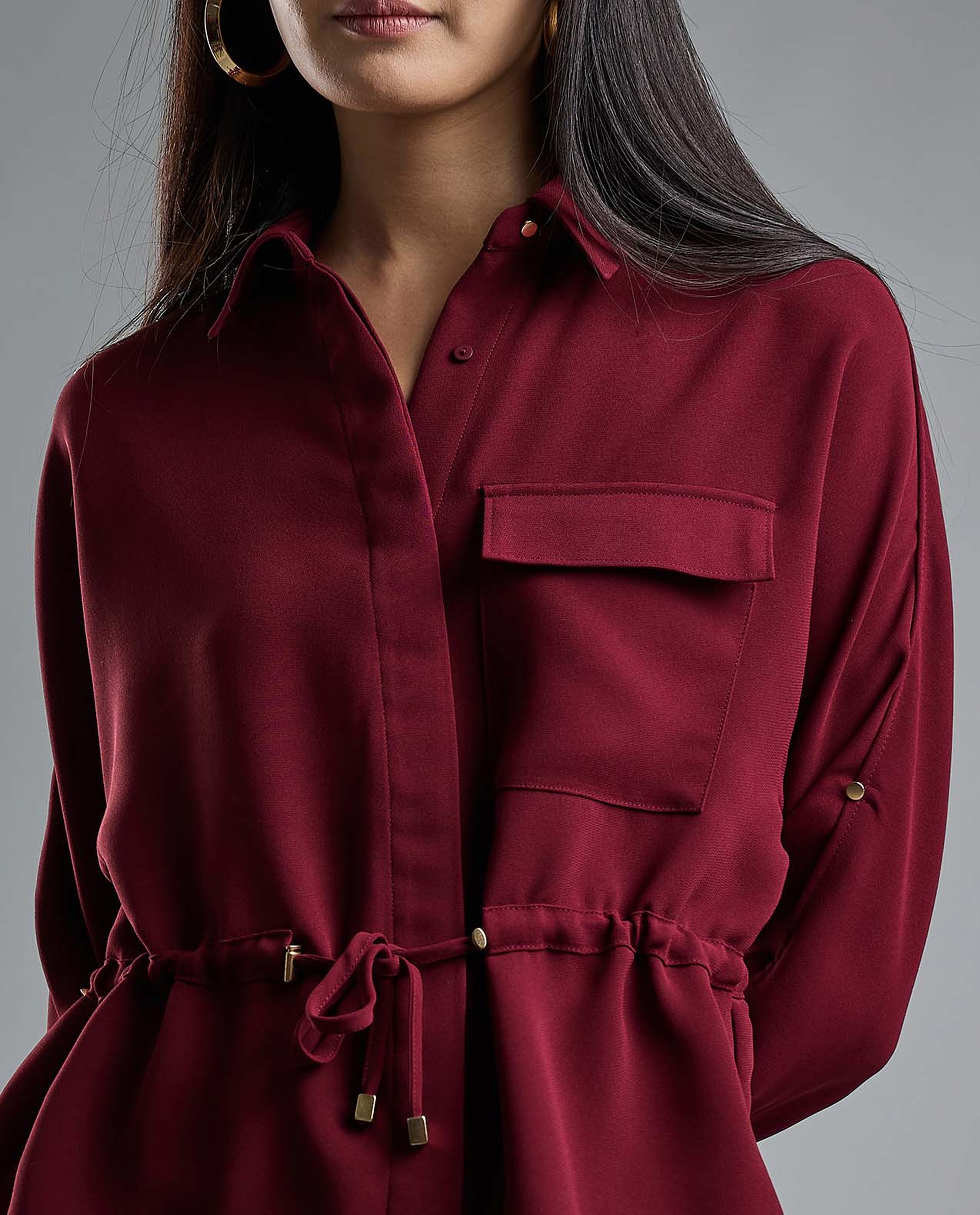 Solid Drawstring Shirt with Classic Collar and Long Sleeves