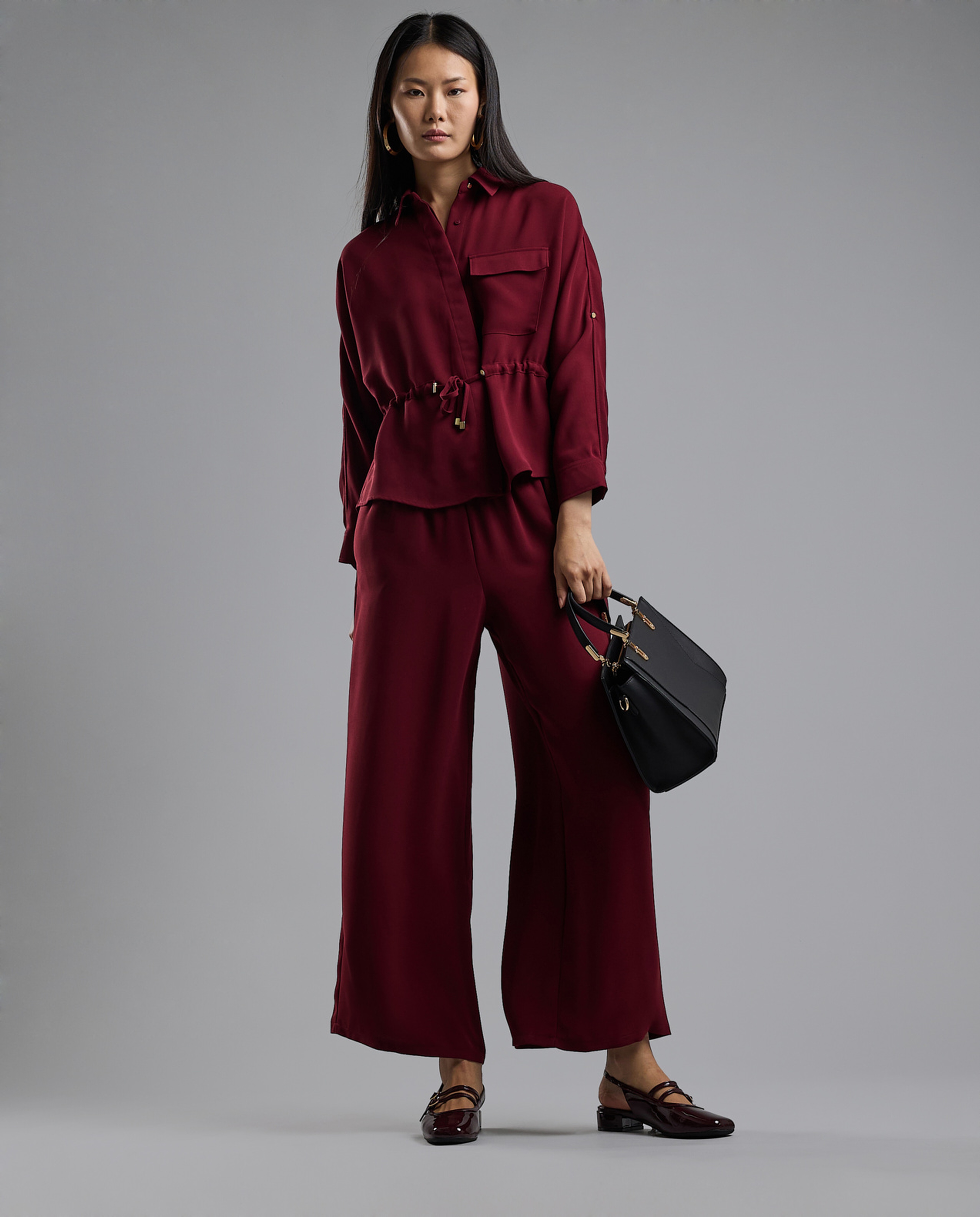 Solid Drawstring Shirt with Classic Collar and Long Sleeves