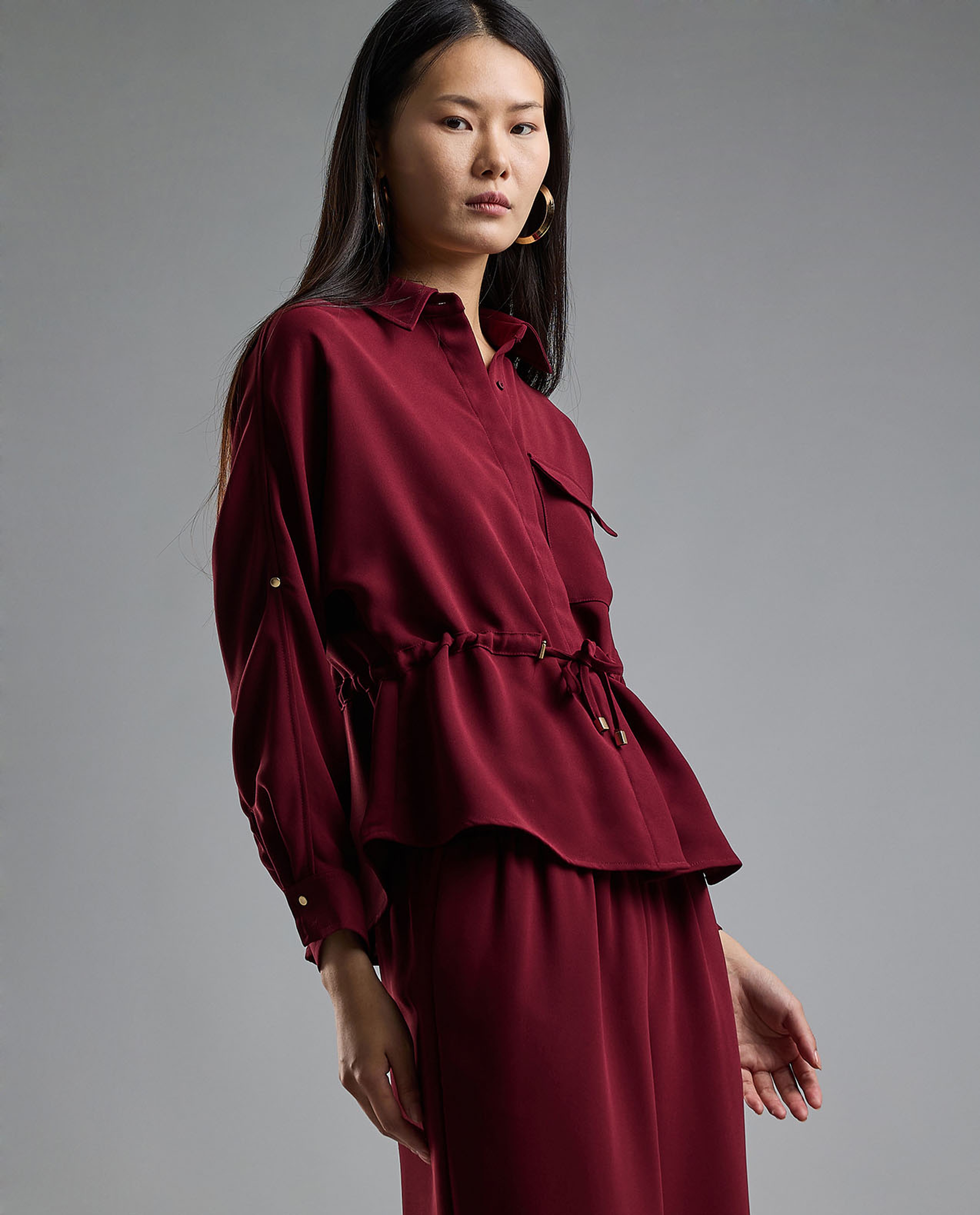 Solid Drawstring Shirt with Classic Collar and Long Sleeves