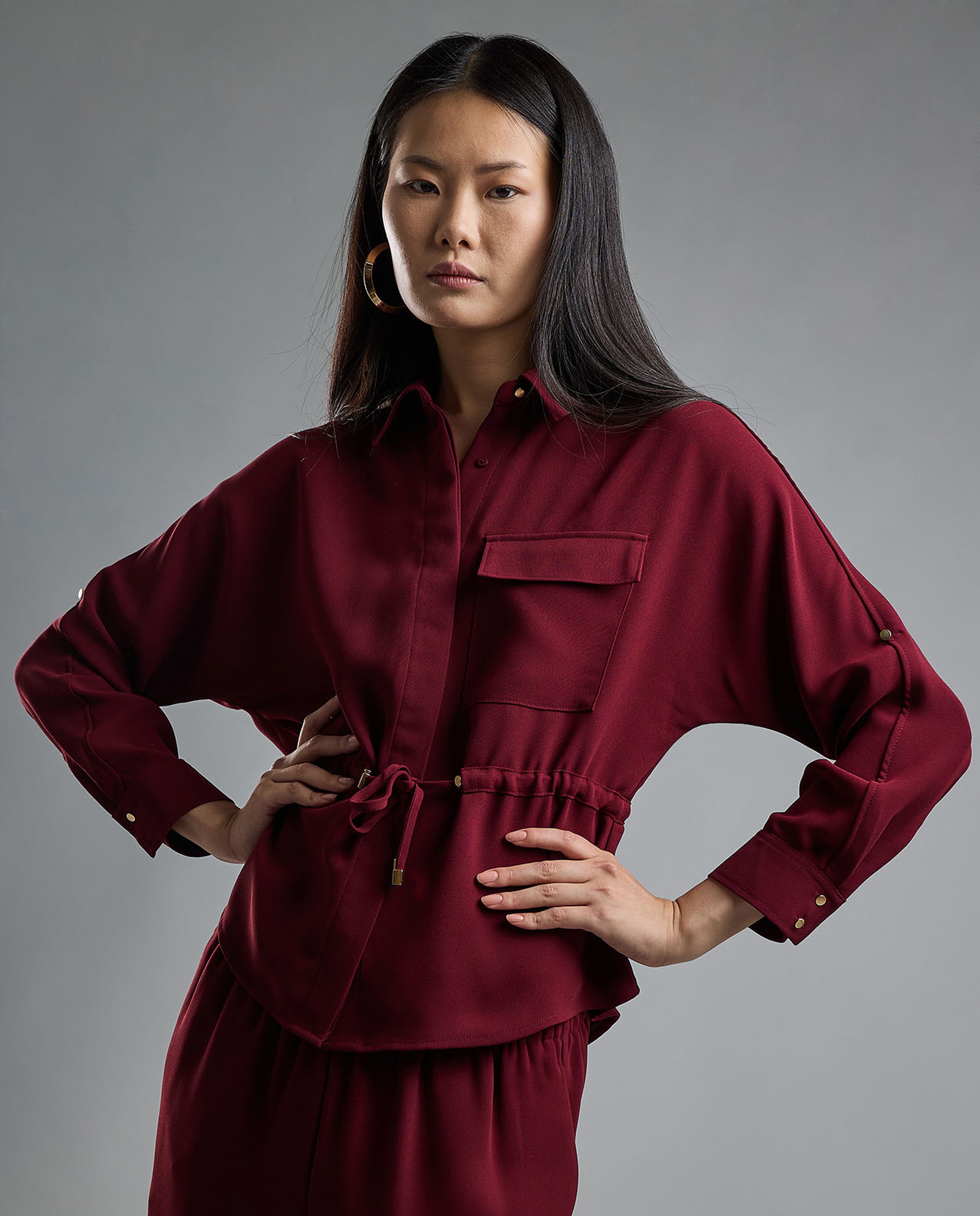 Solid Drawstring Shirt with Classic Collar and Long Sleeves