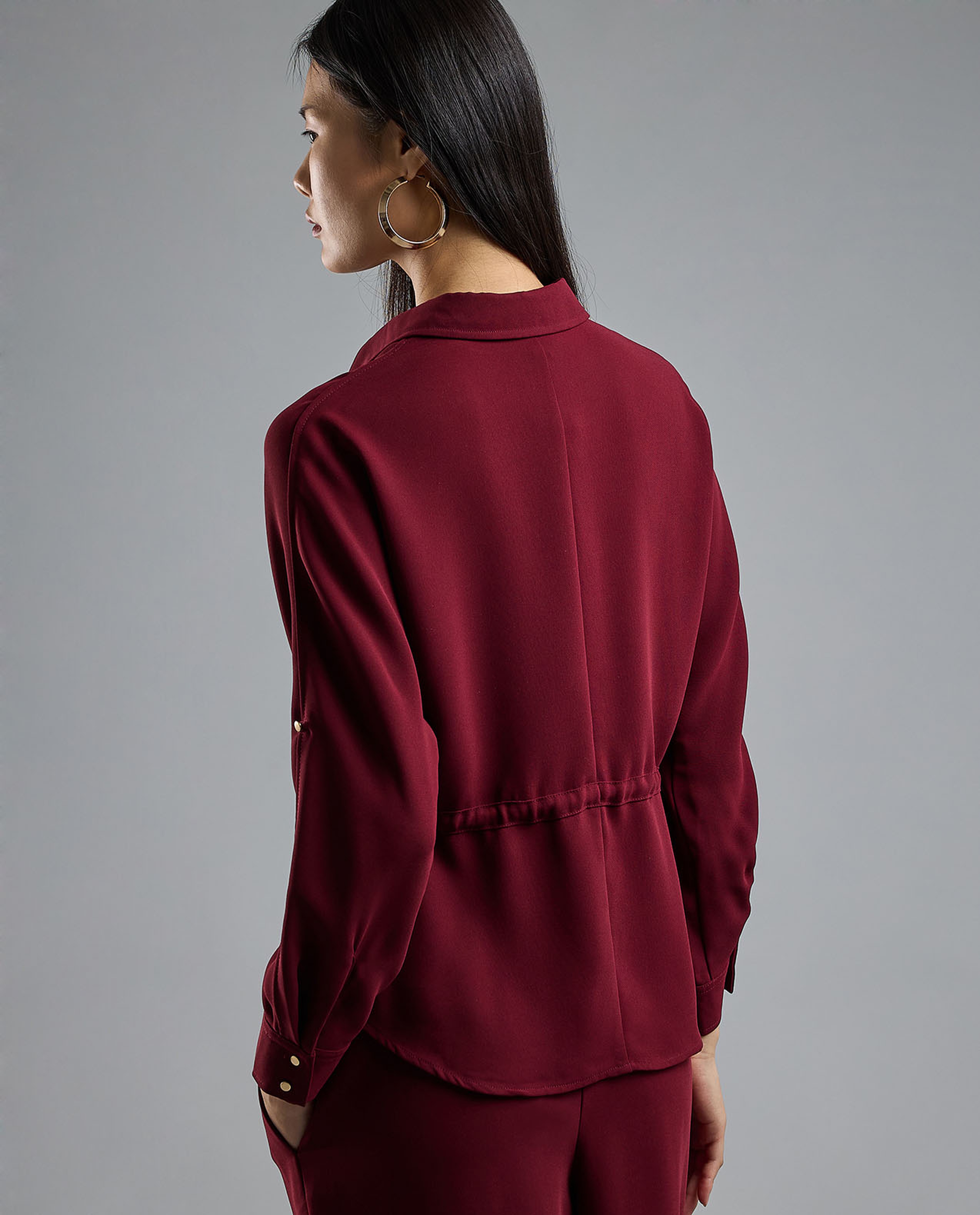 Solid Drawstring Shirt with Classic Collar and Long Sleeves