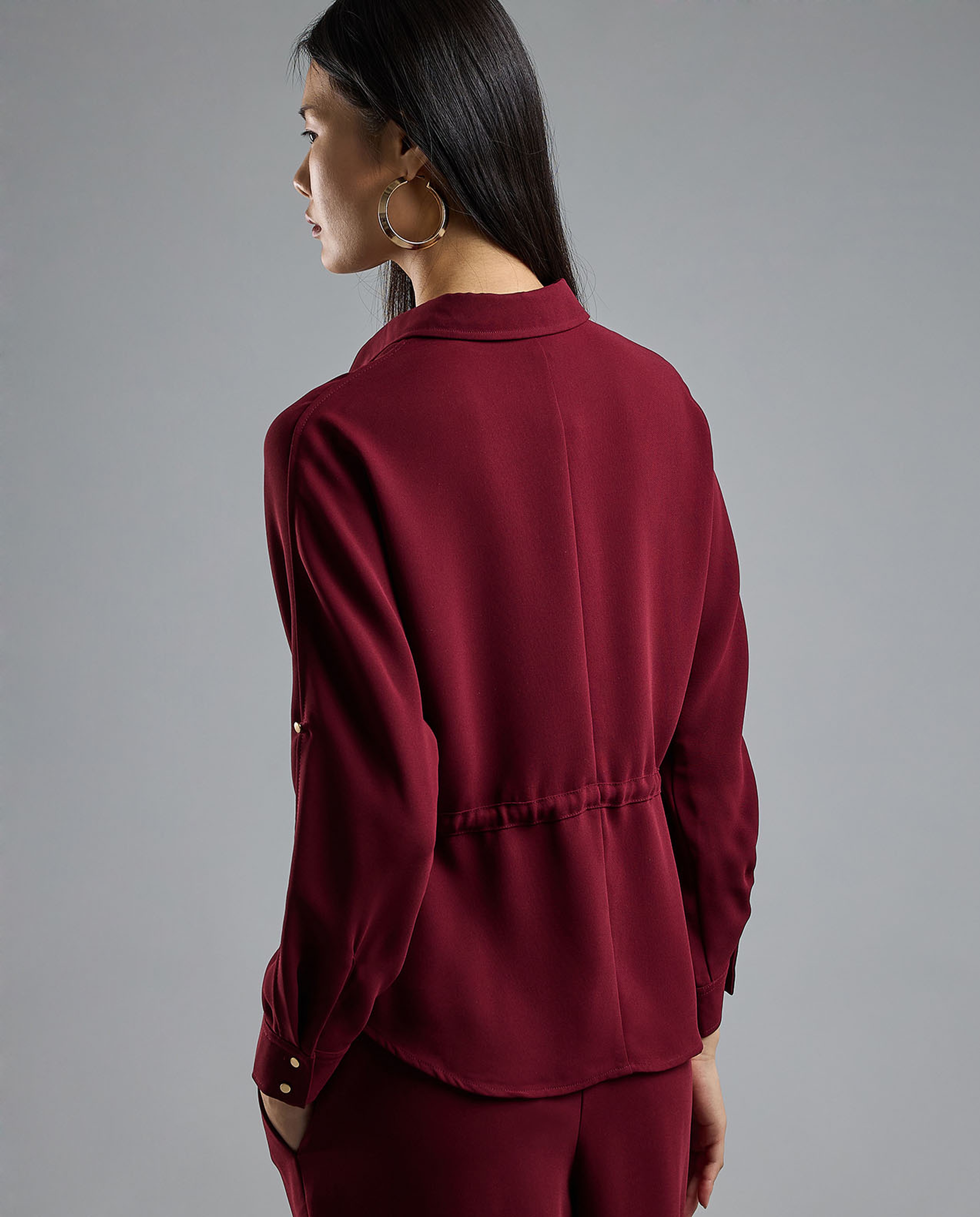 Solid Drawstring Shirt with Classic Collar and Long Sleeves