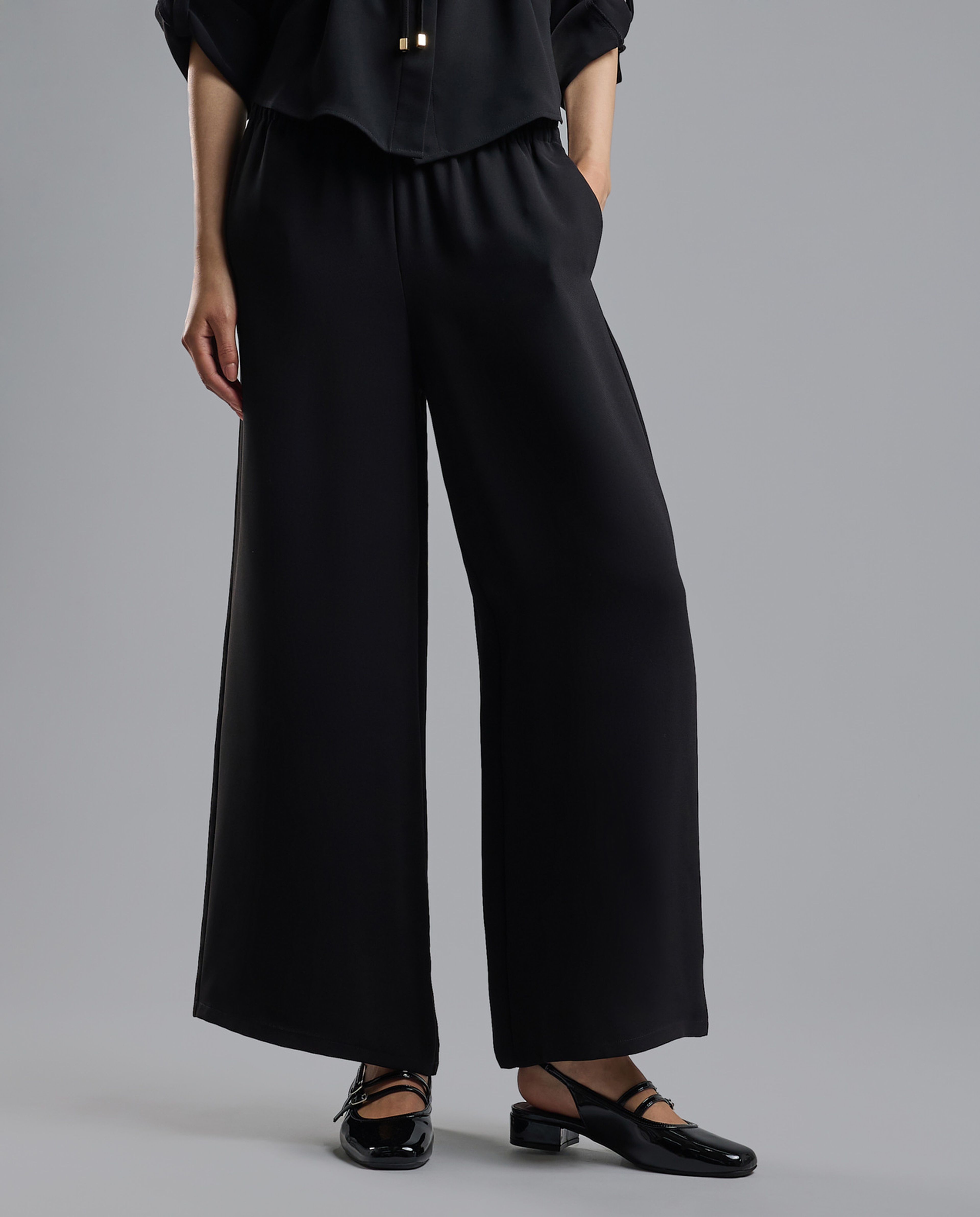 Solid Wide Leg Pants with Elastic Waist