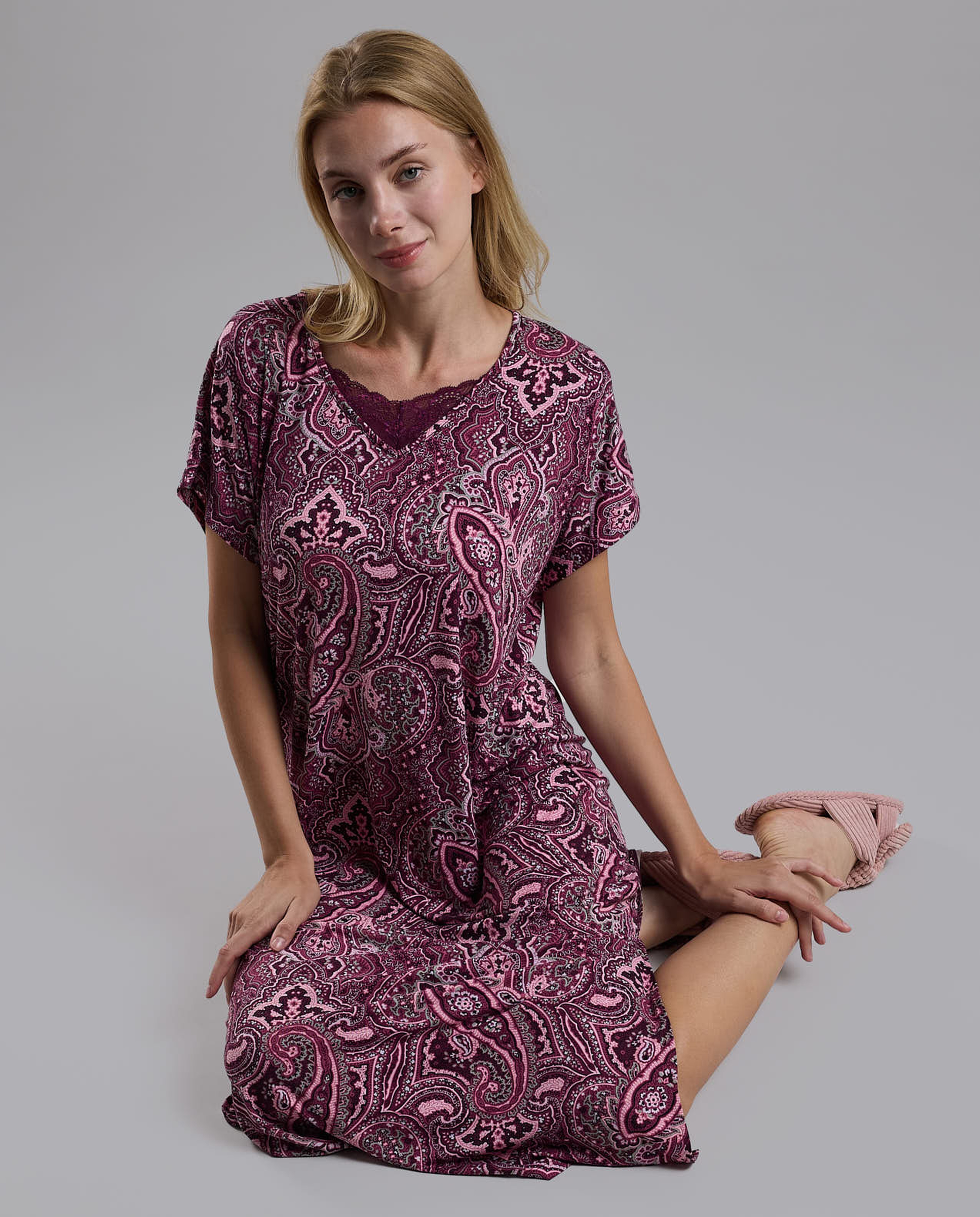 Patterned Nightdress with Short Sleeves