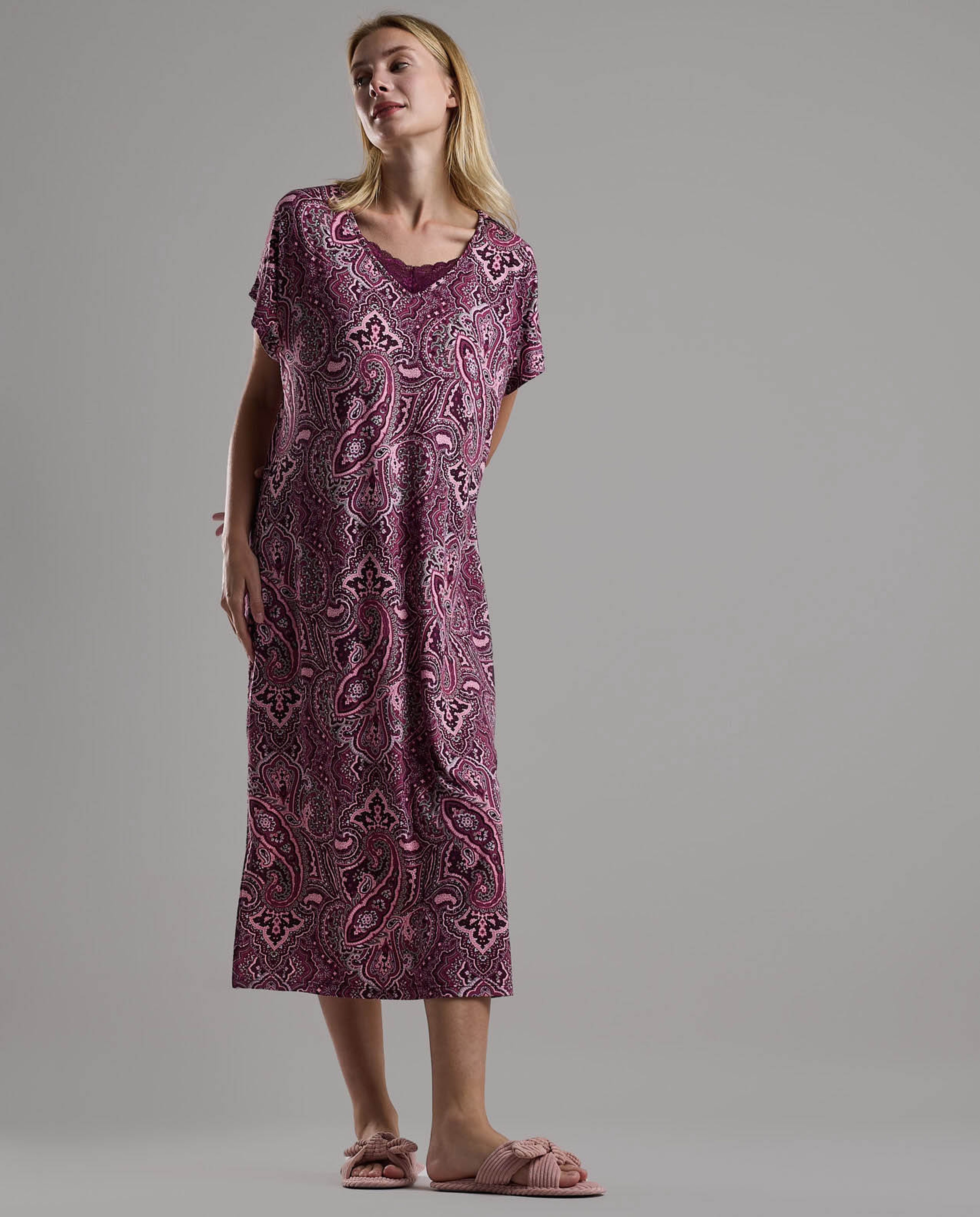Patterned Nightdress with Short Sleeves