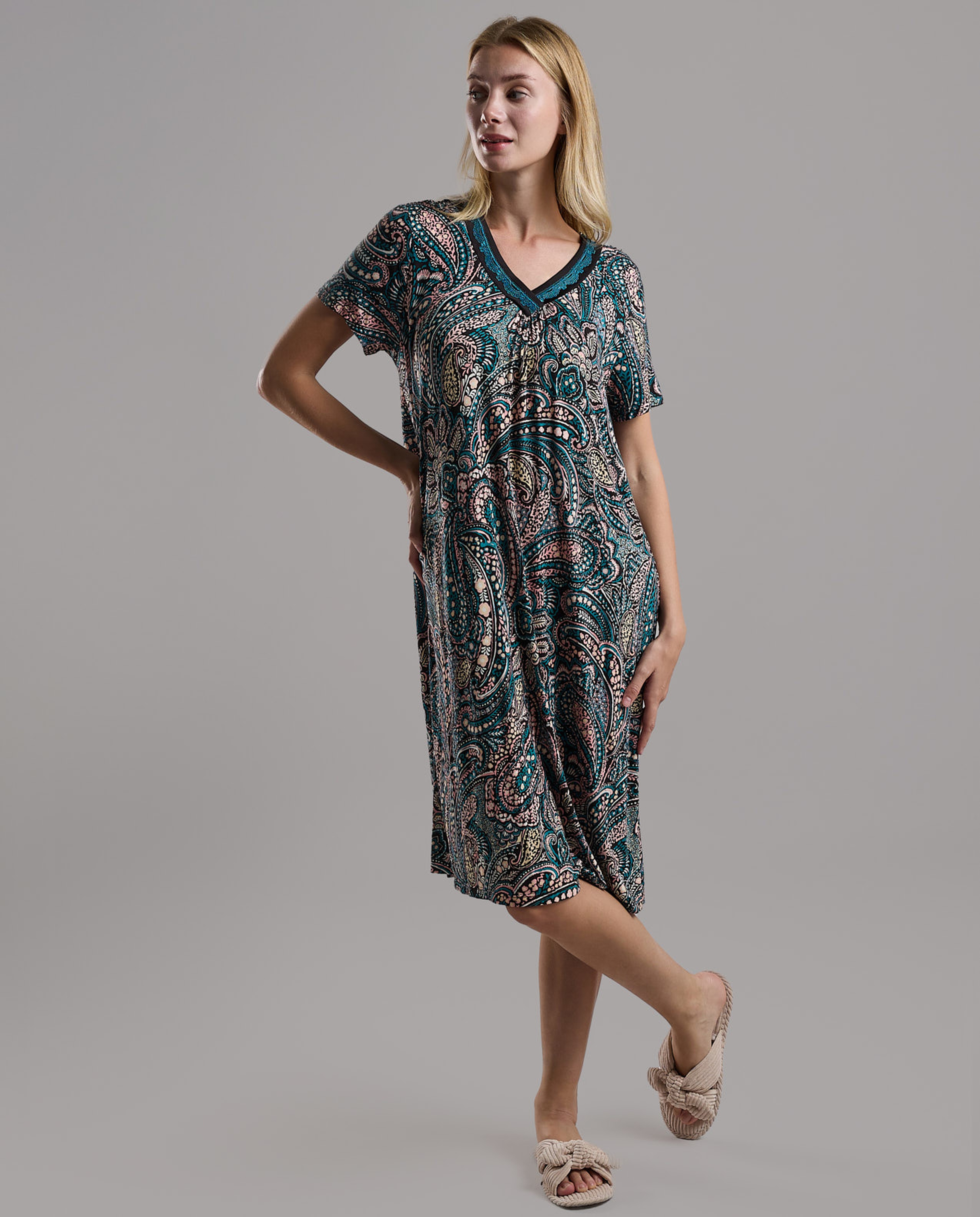 Patterned Nightdress with Short Sleeves