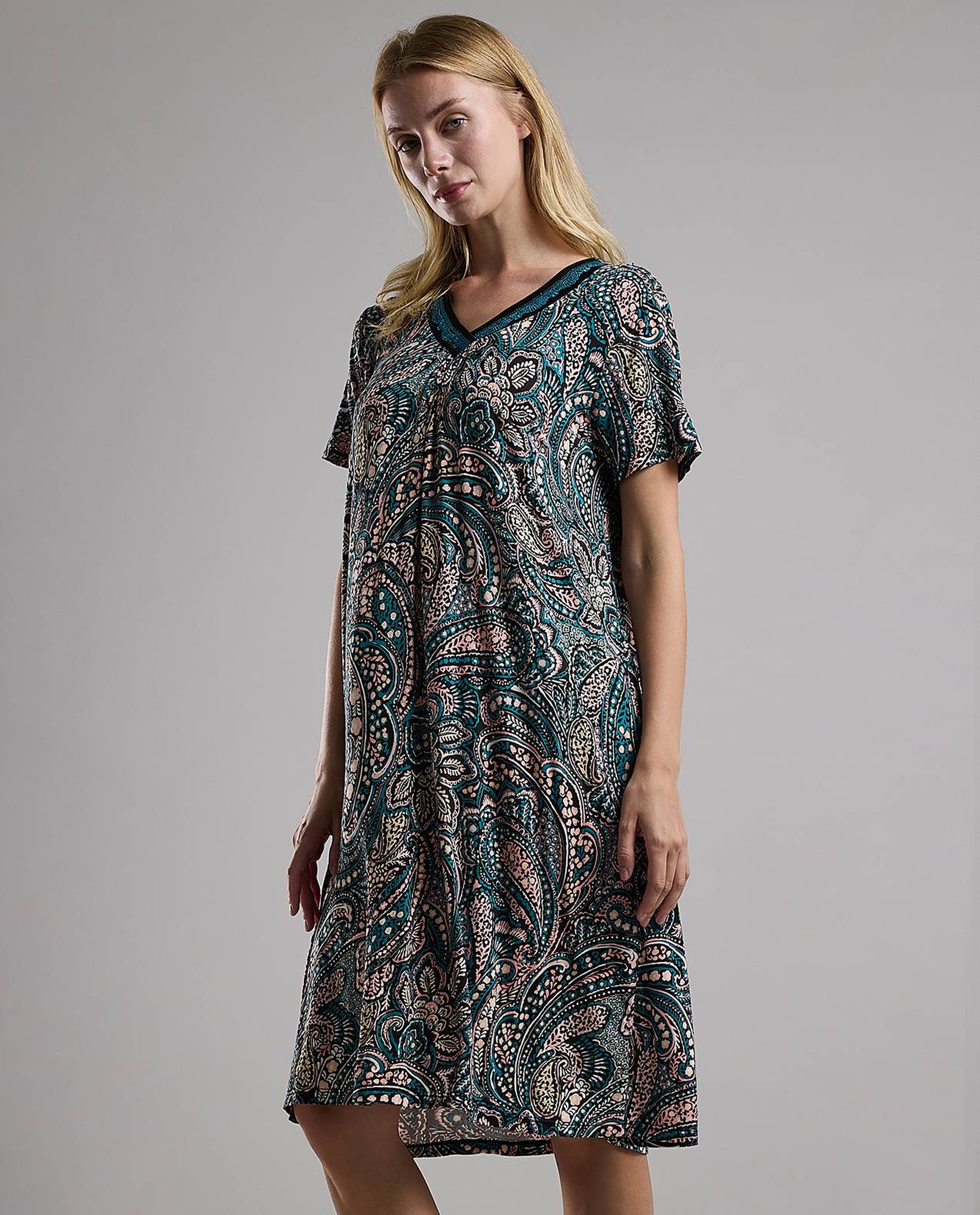 Patterned Nightdress with Short Sleeves