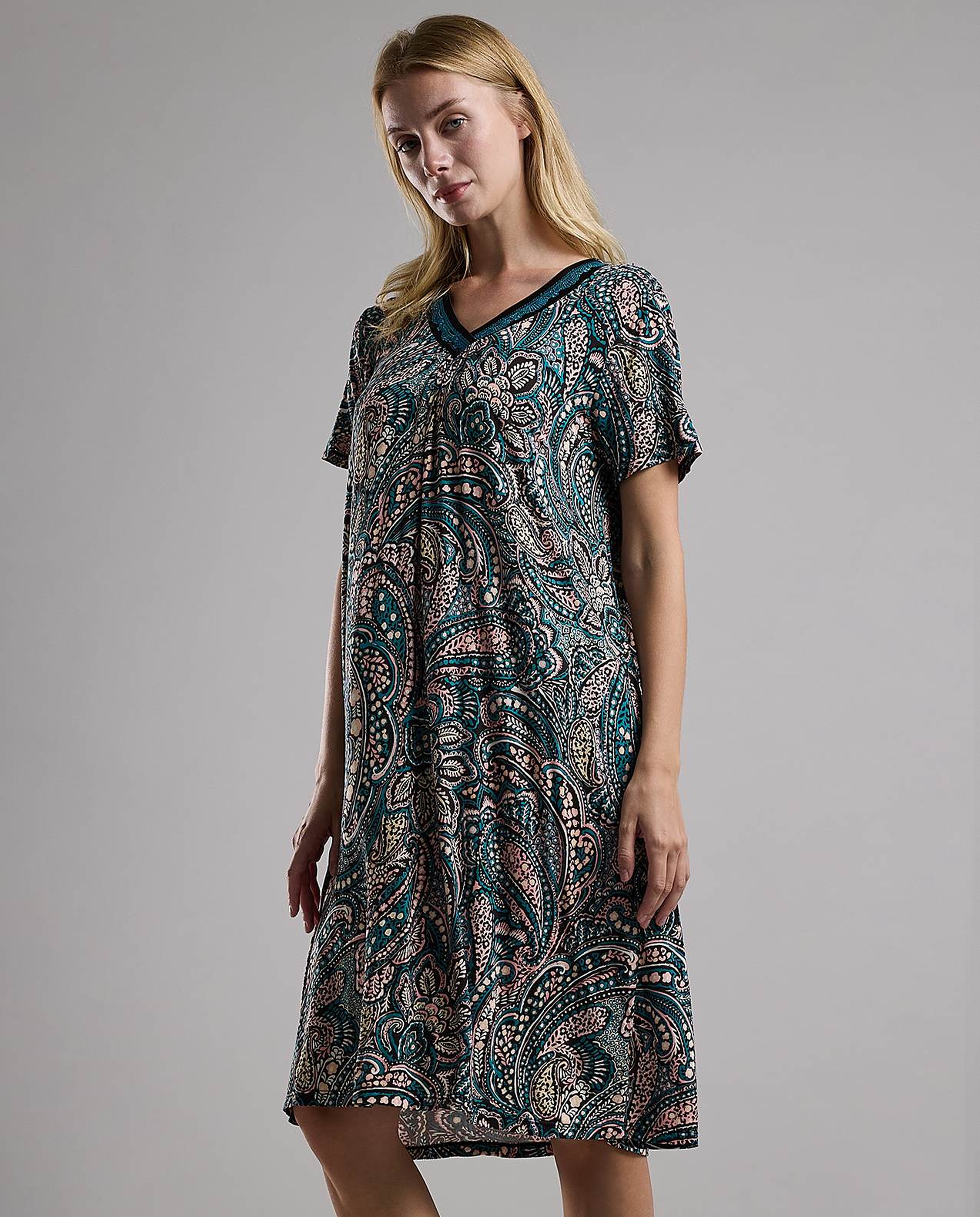 Patterned Nightdress with Short Sleeves