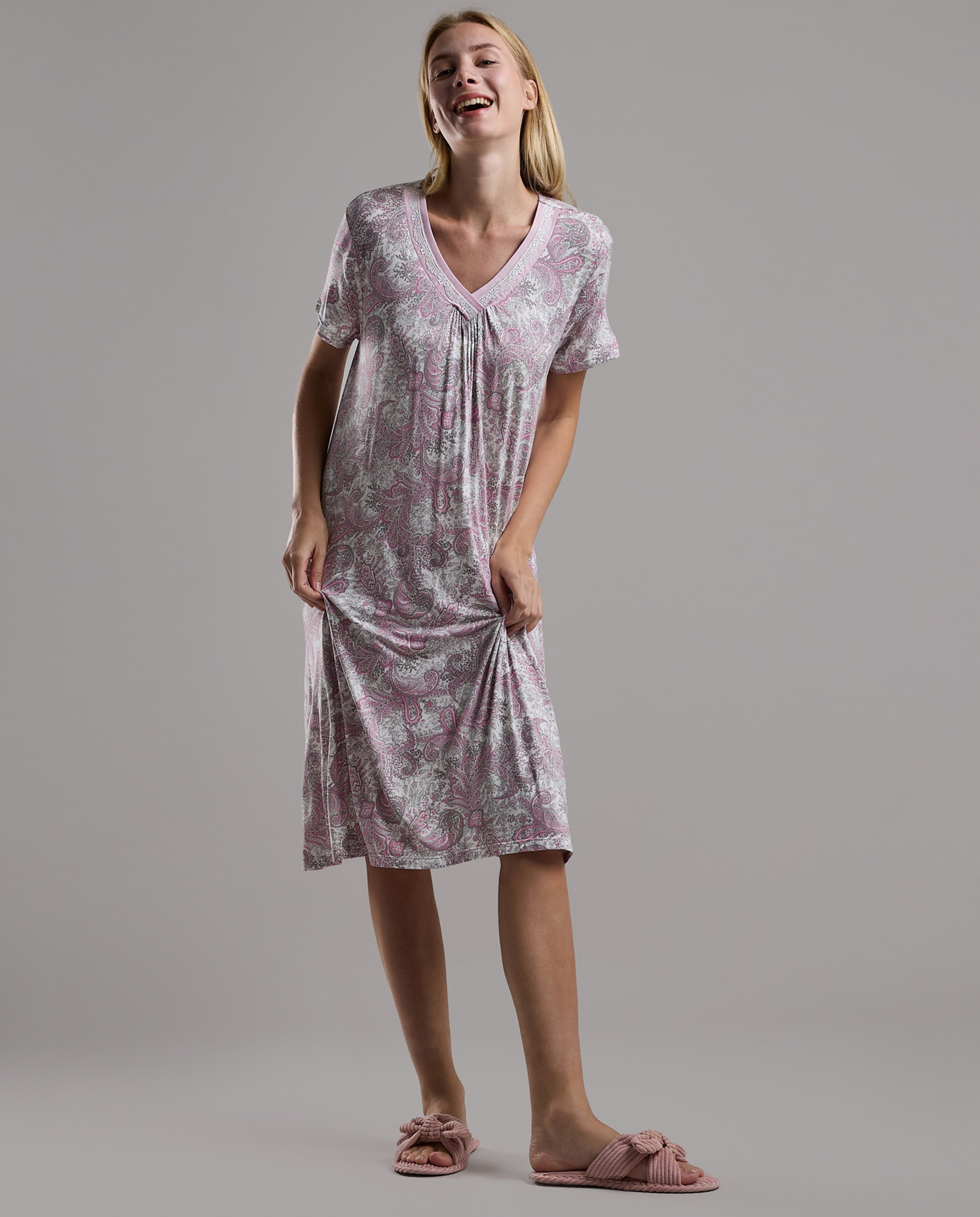 Patterned Nightdress with Short Sleeves