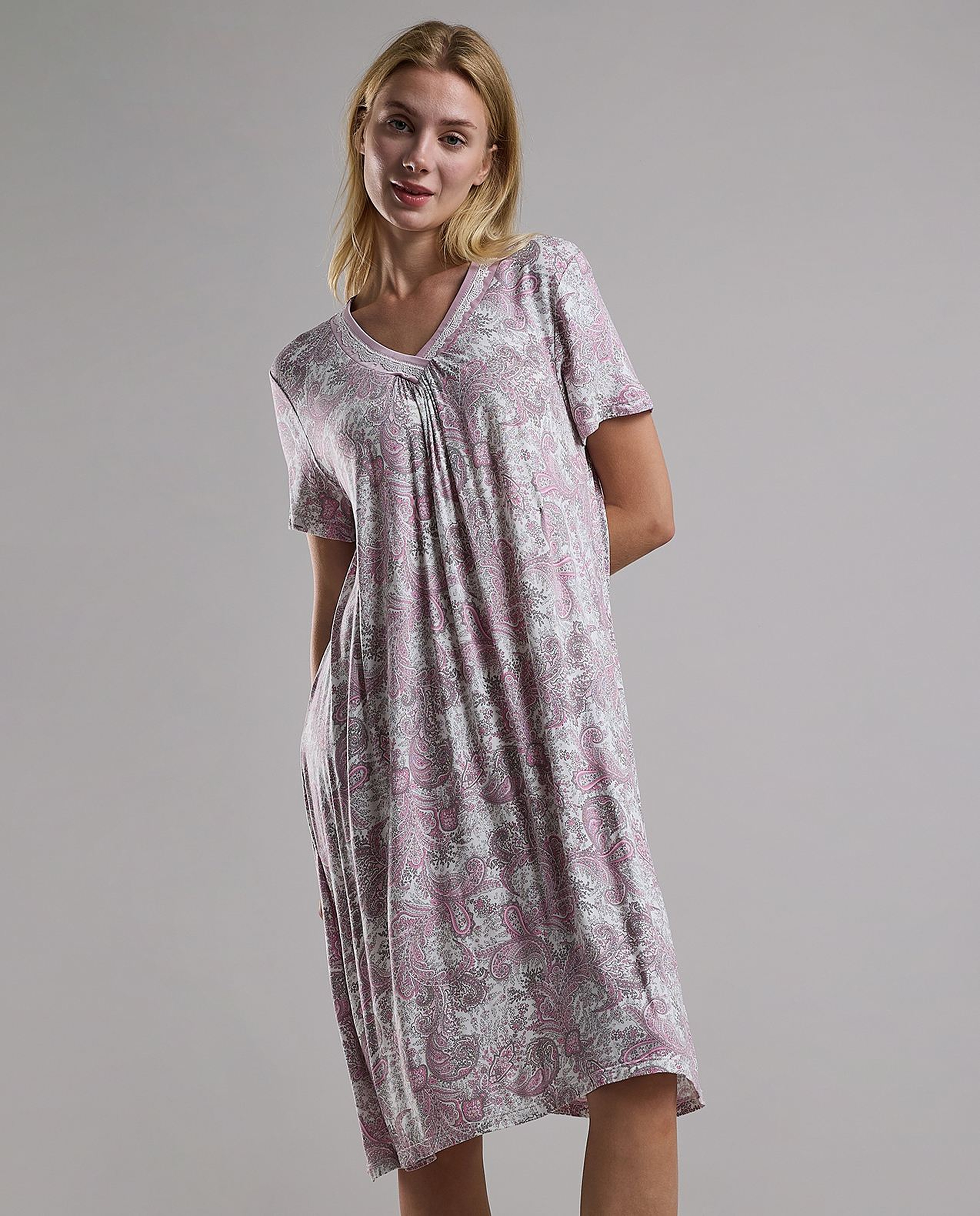 Patterned Nightdress with Short Sleeves