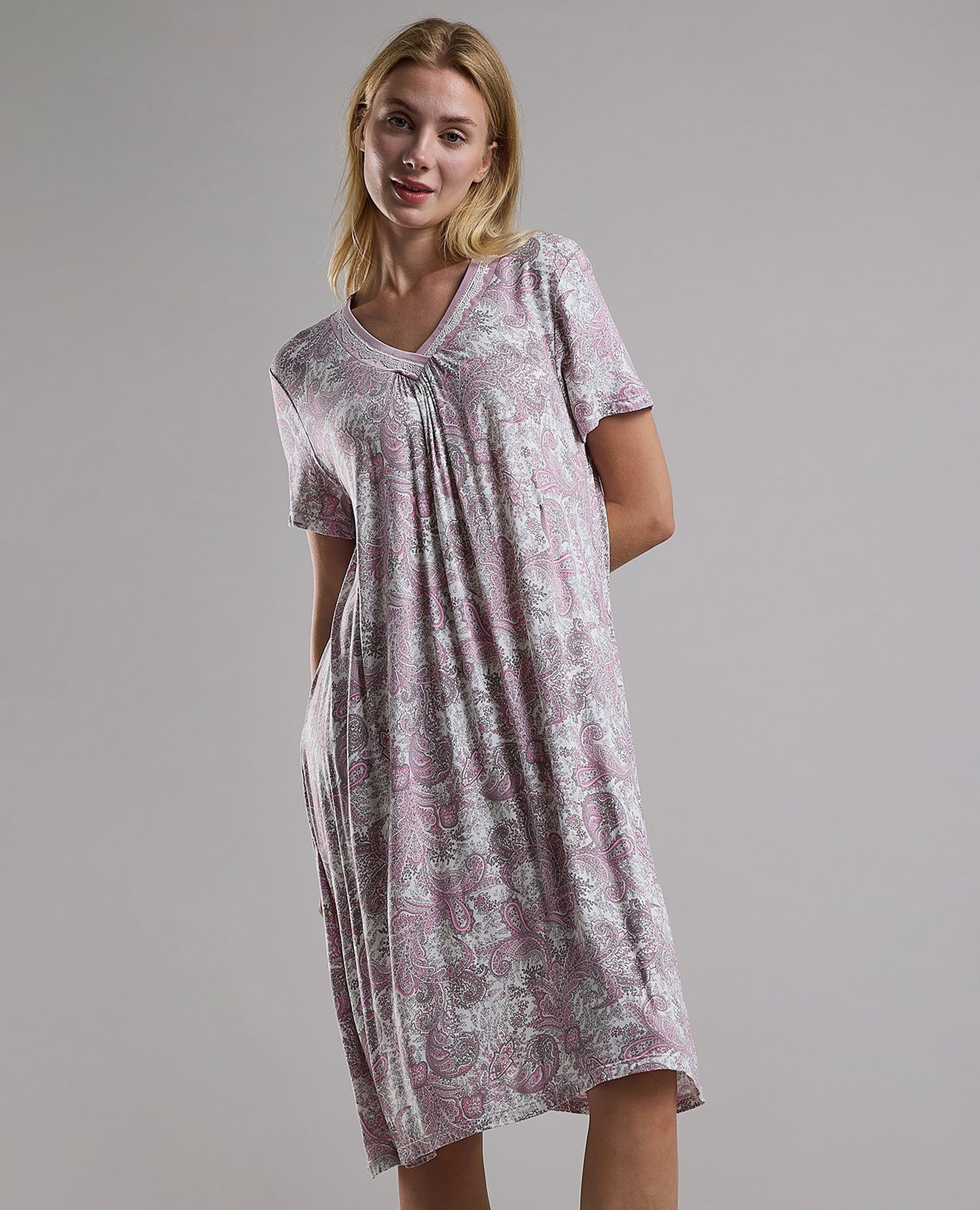 Patterned Nightdress with Short Sleeves