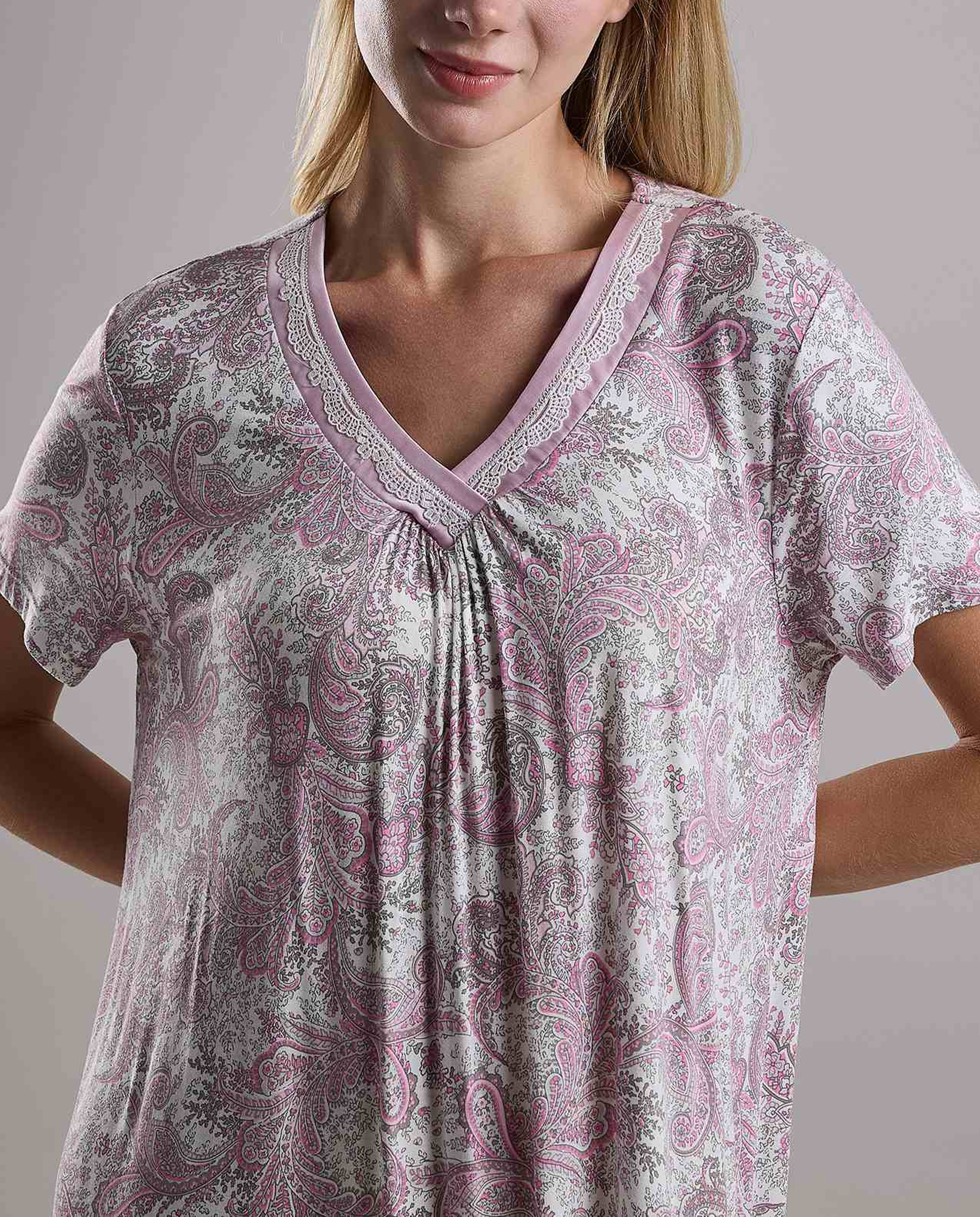 Patterned Nightdress with Short Sleeves