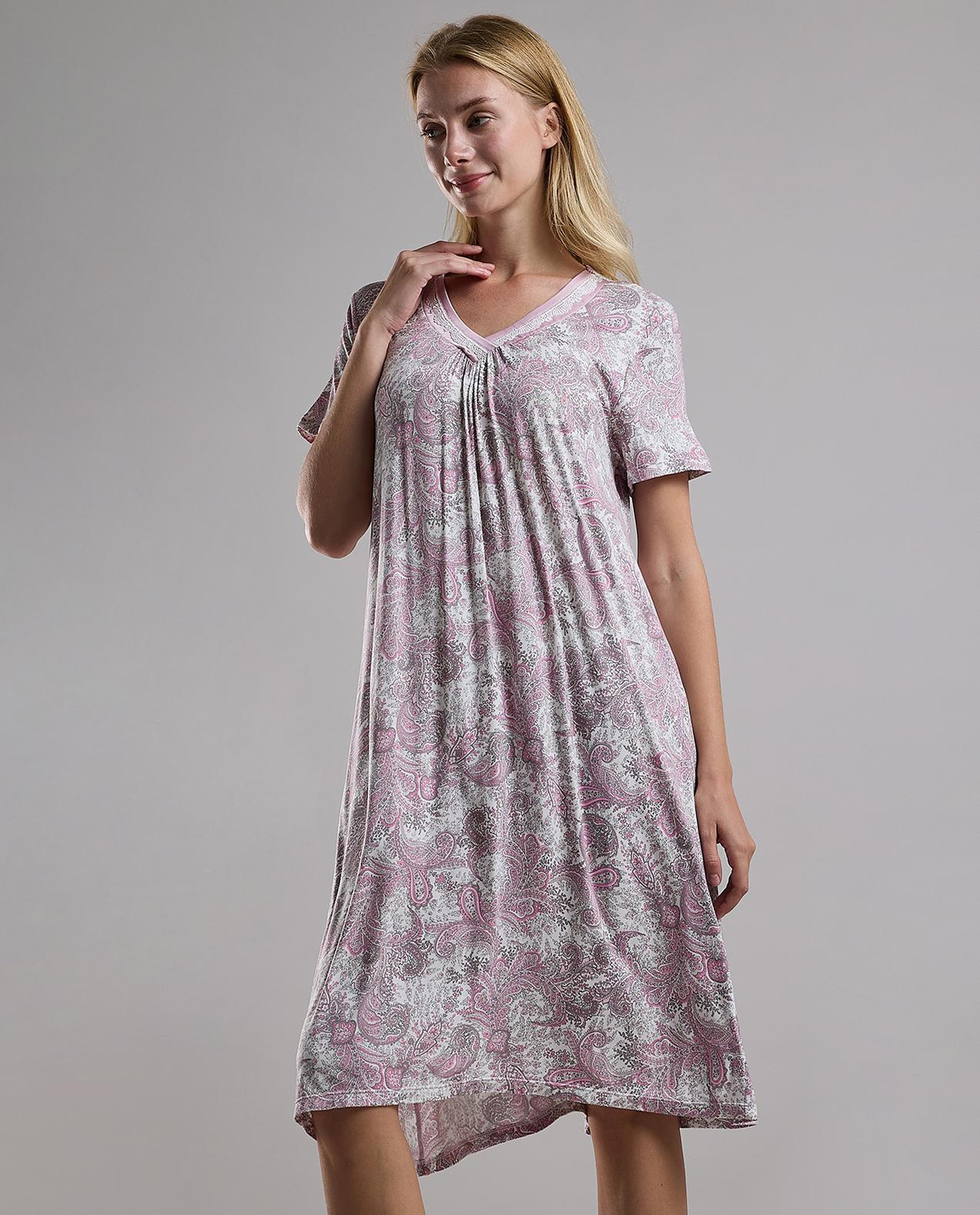 Patterned Nightdress with Short Sleeves
