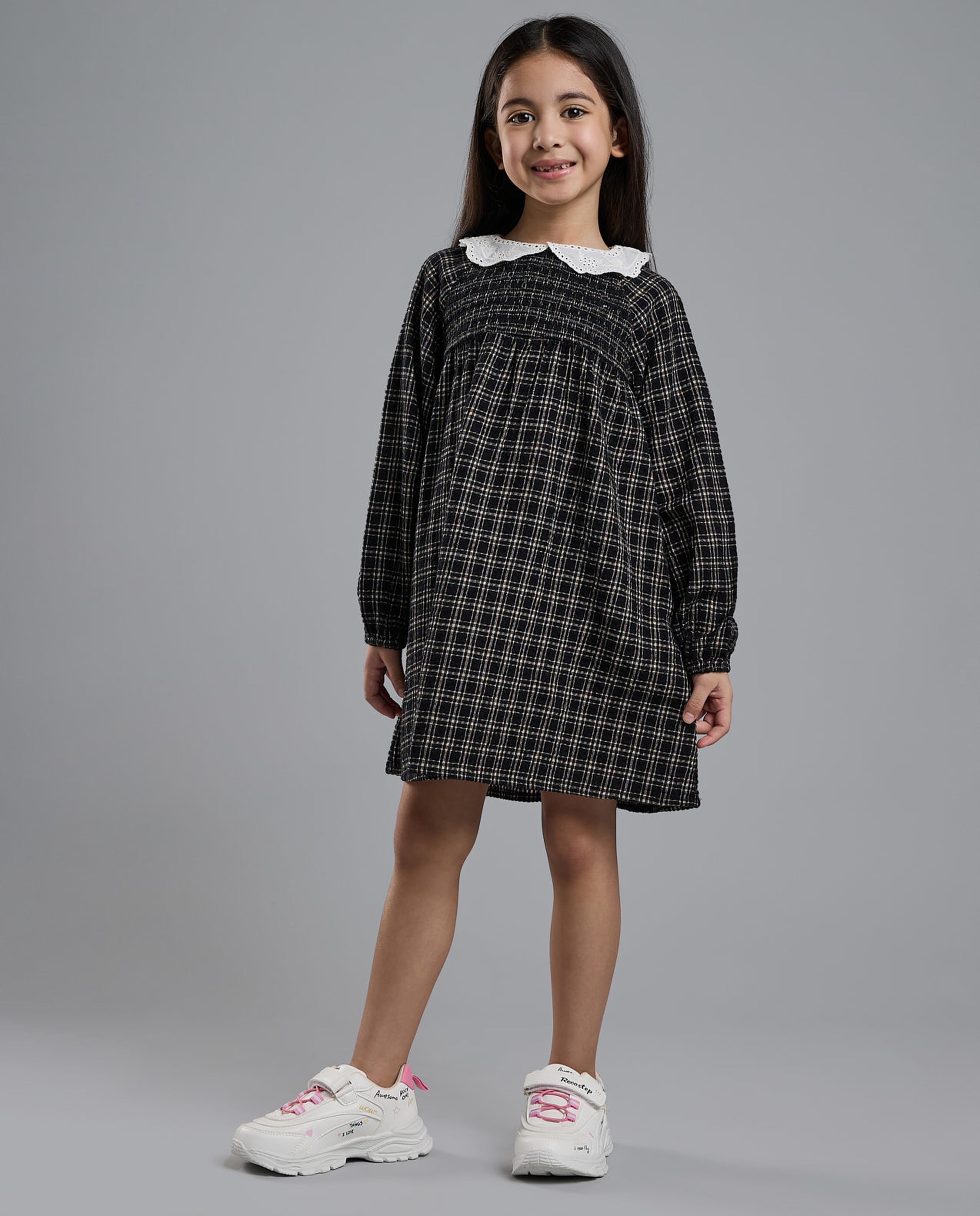Plaid A-Line Dress with Baby Collar and Long Sleeves