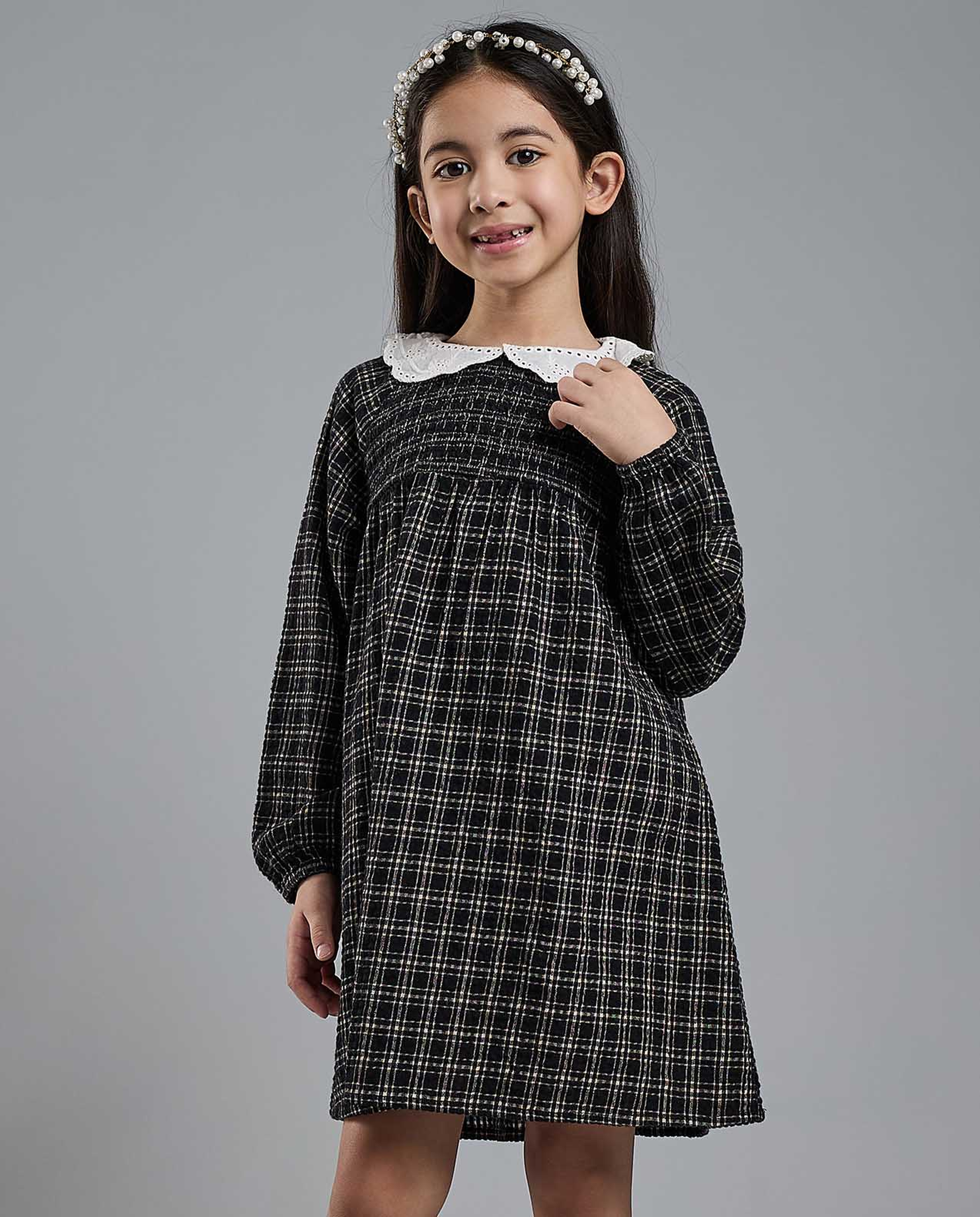 Plaid A-Line Dress with Baby Collar and Long Sleeves