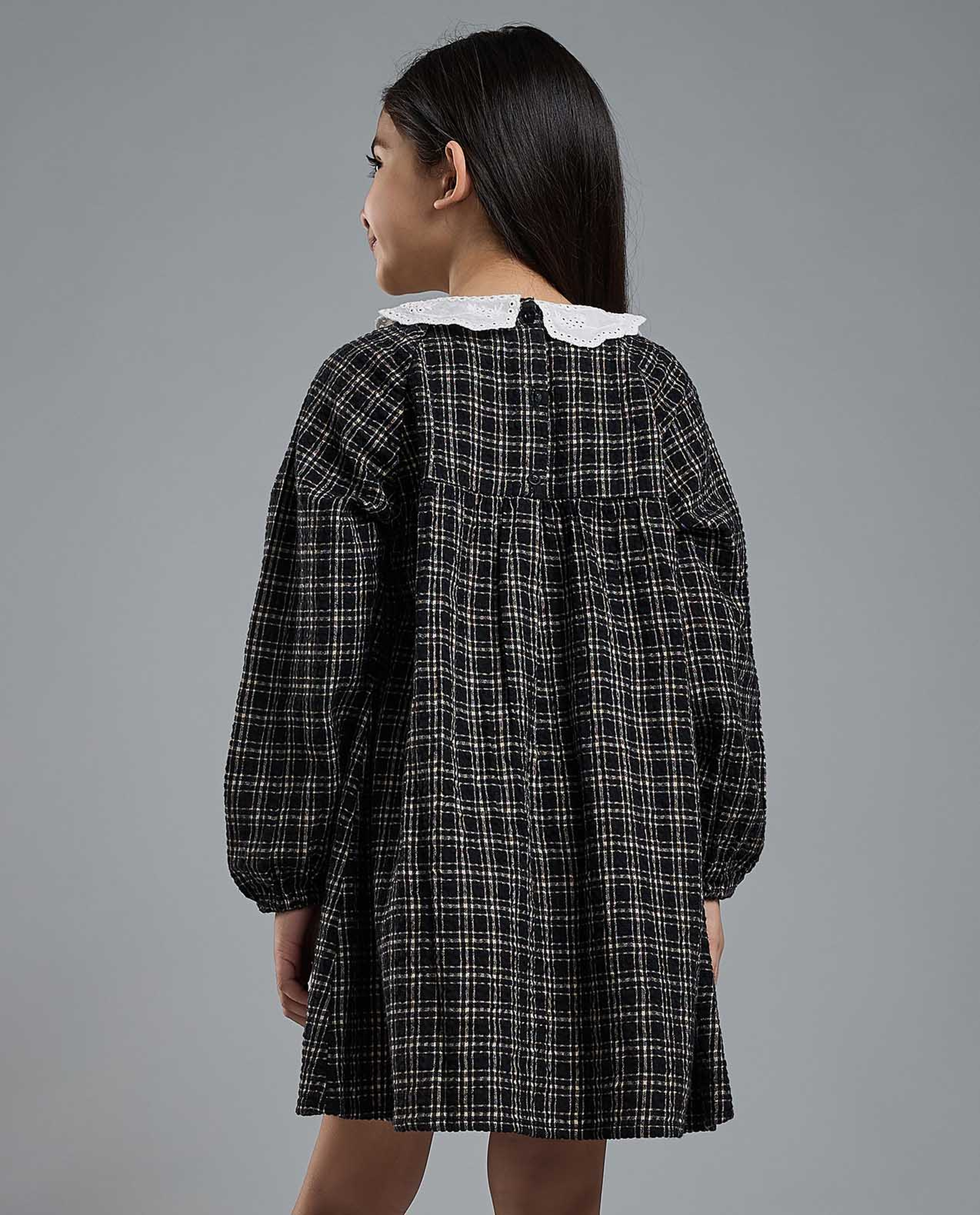 Plaid A-Line Dress with Baby Collar and Long Sleeves