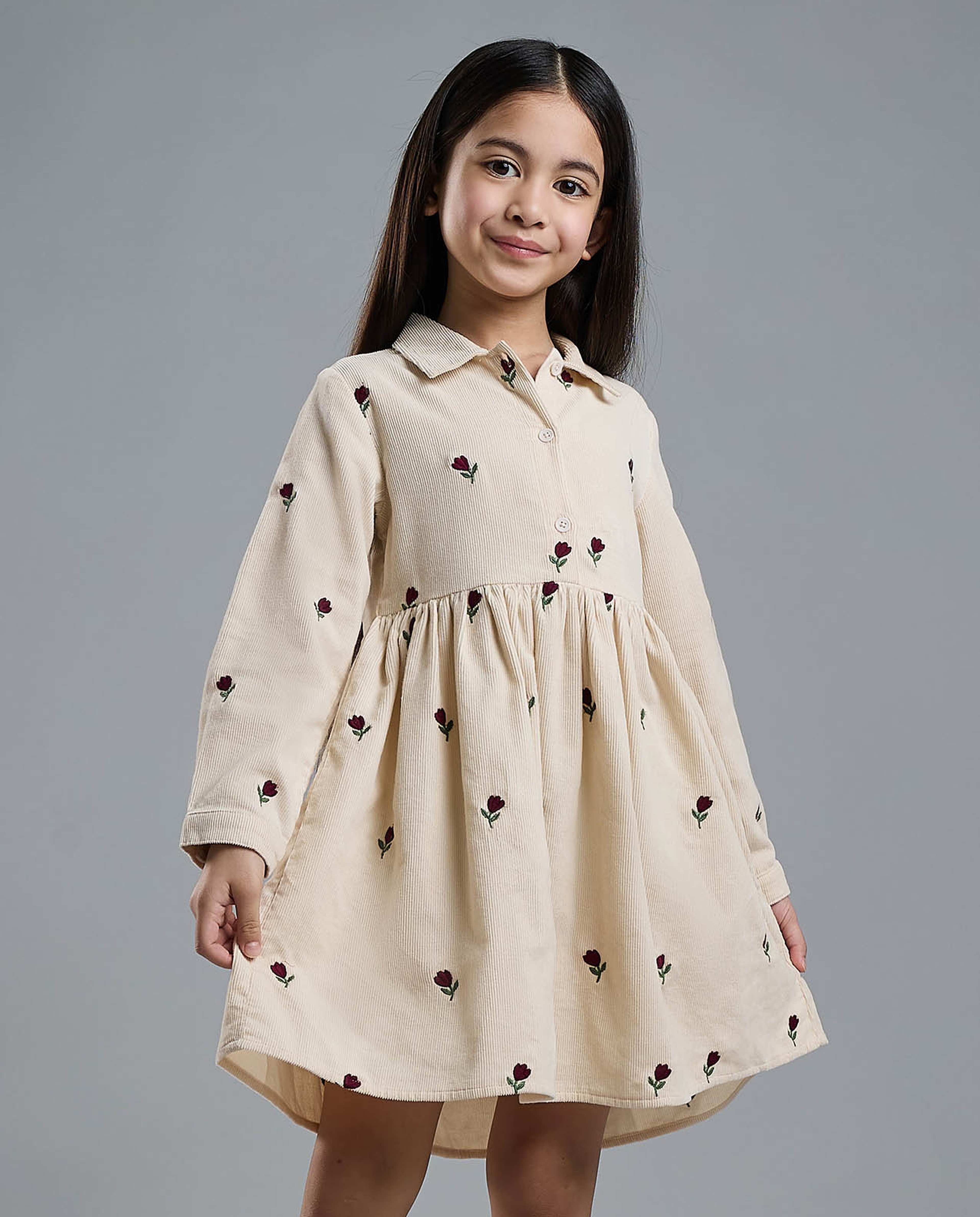 Embroidered Shirt Dress with Long Sleeves