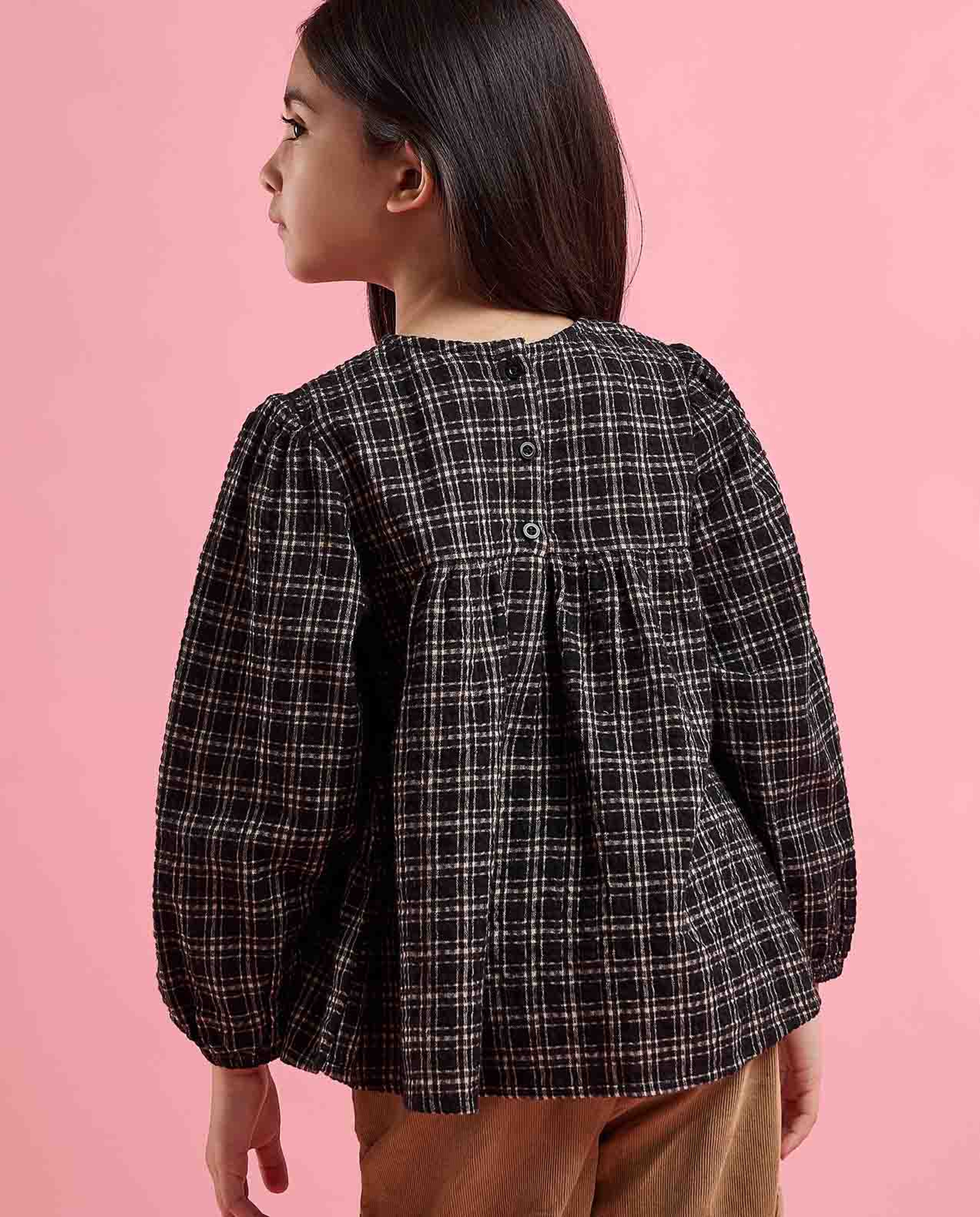 Plaid Top with Crew Neck and Bishop Sleeves
