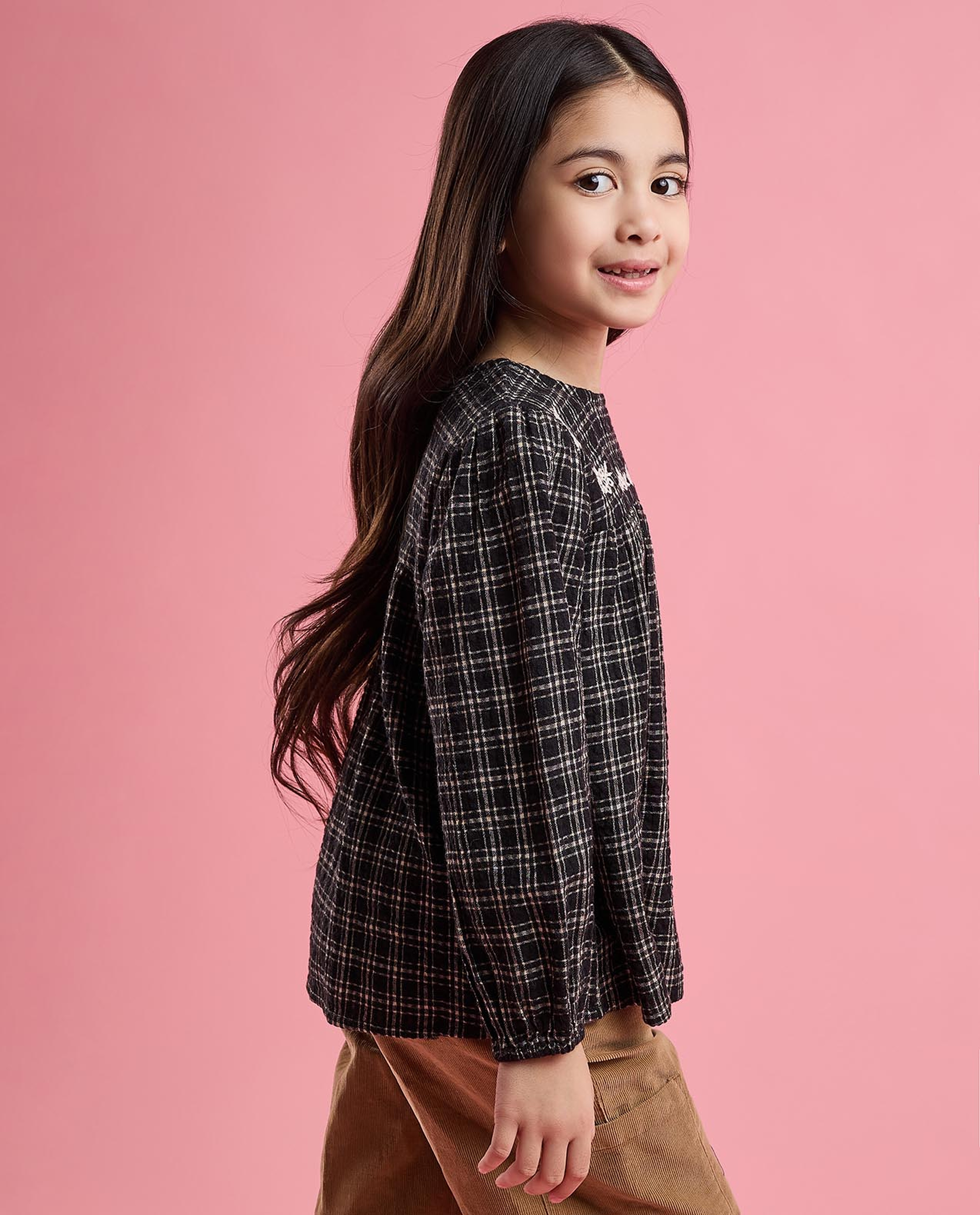 Plaid Top with Crew Neck and Bishop Sleeves