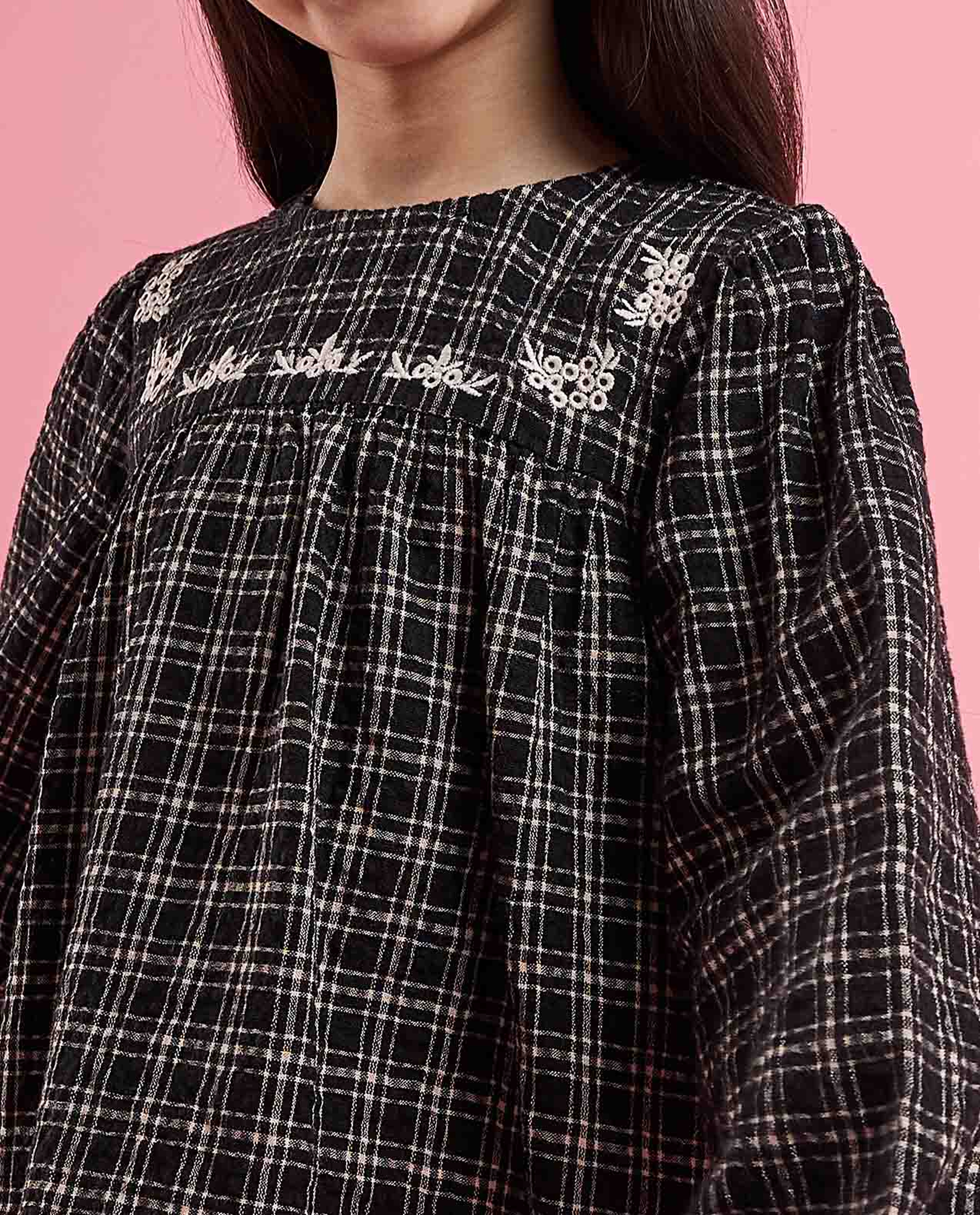 Plaid Top with Crew Neck and Bishop Sleeves