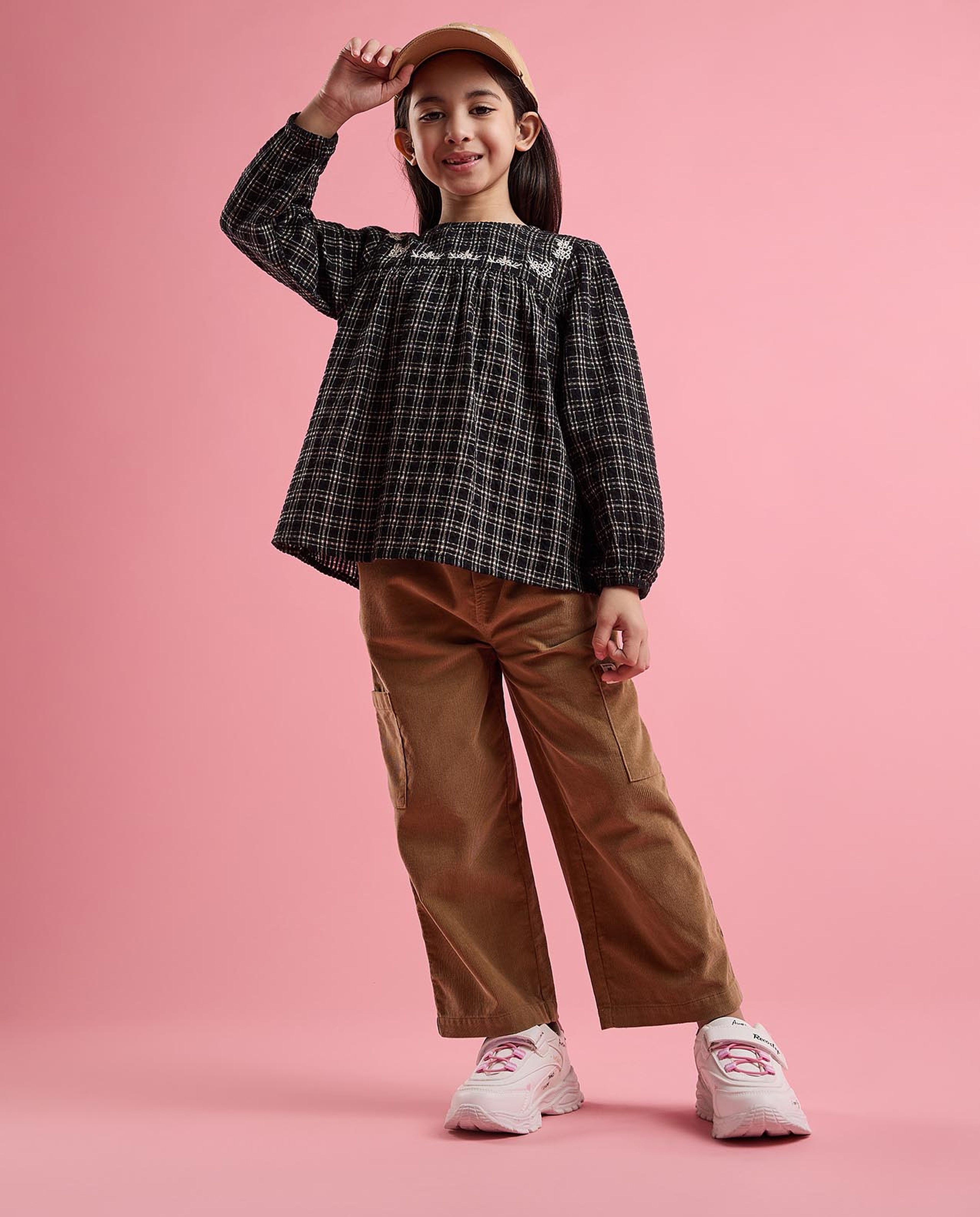 Plaid Top with Crew Neck and Bishop Sleeves