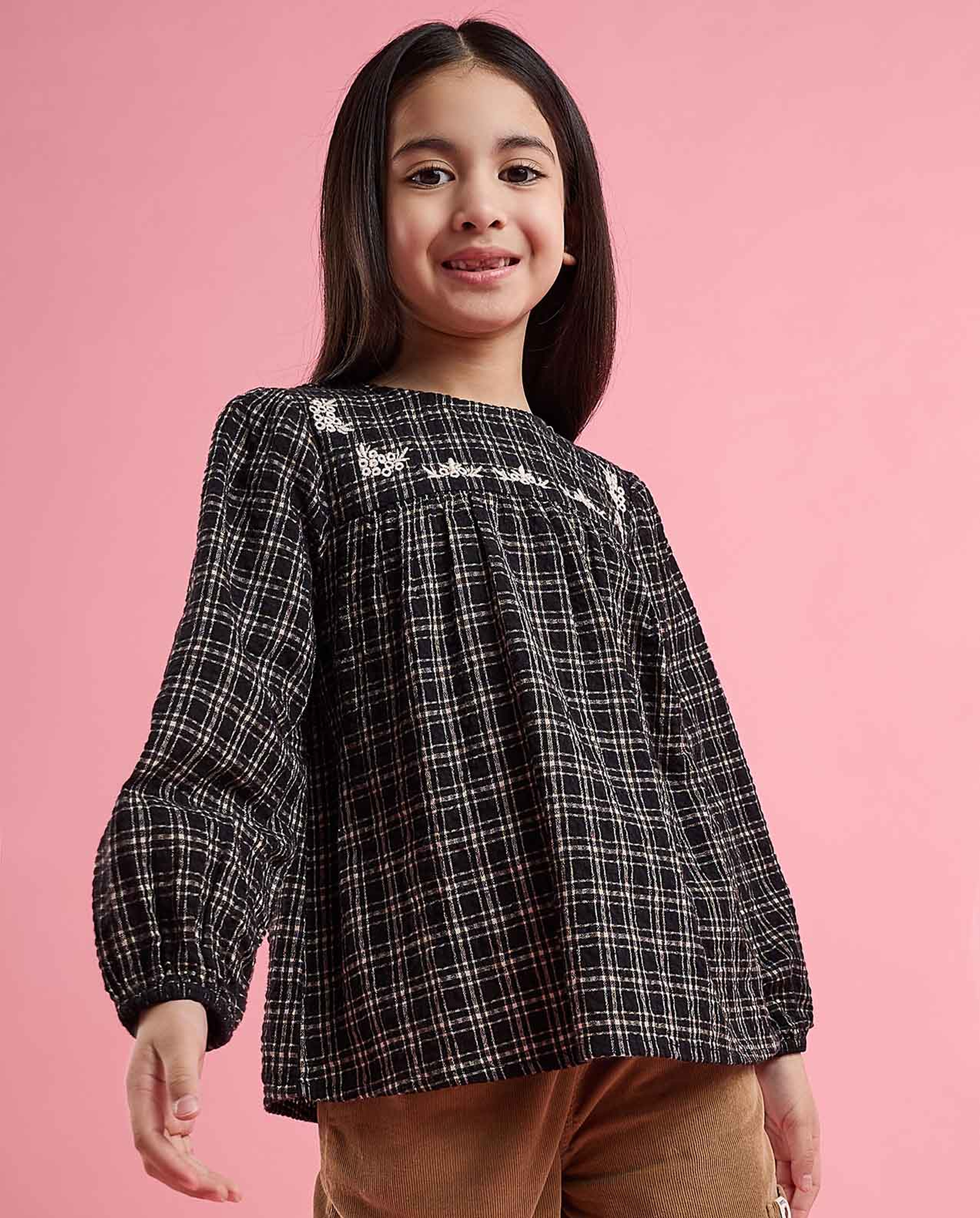 Plaid Top with Crew Neck and Bishop Sleeves