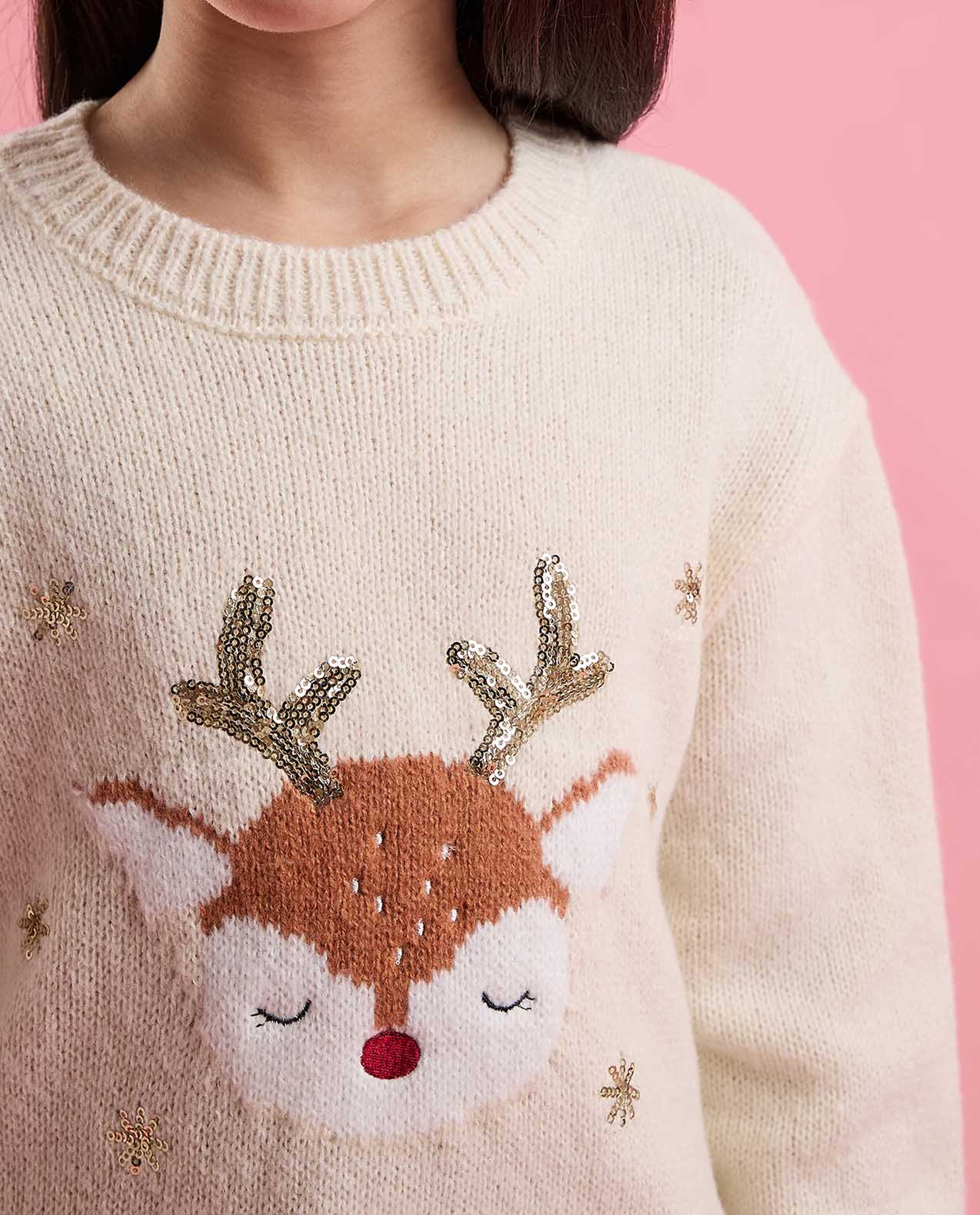 Sequined Sweater with Crew Neck and Long Sleeves