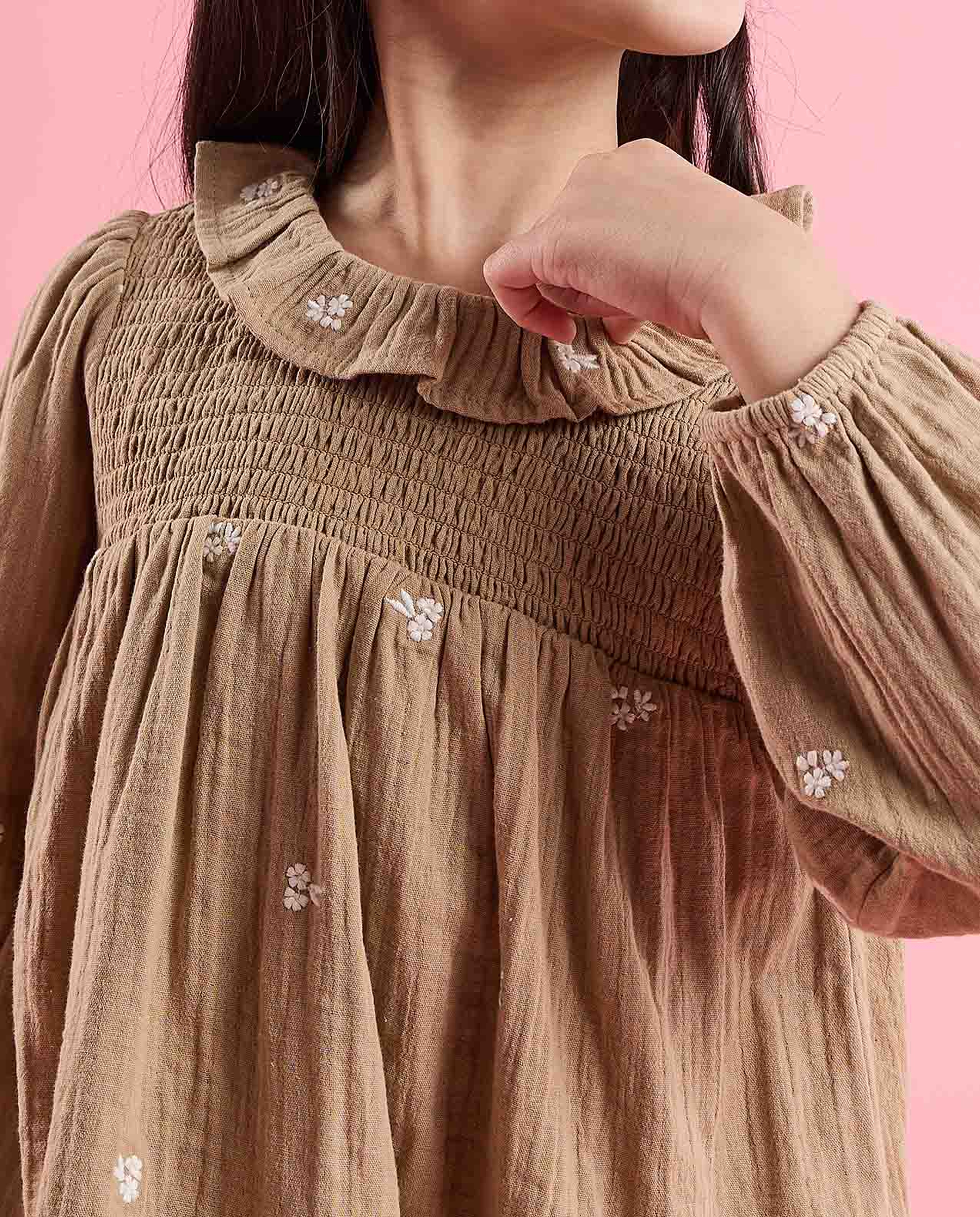 Plaid Top with Crew Neck and Bishop Sleeves