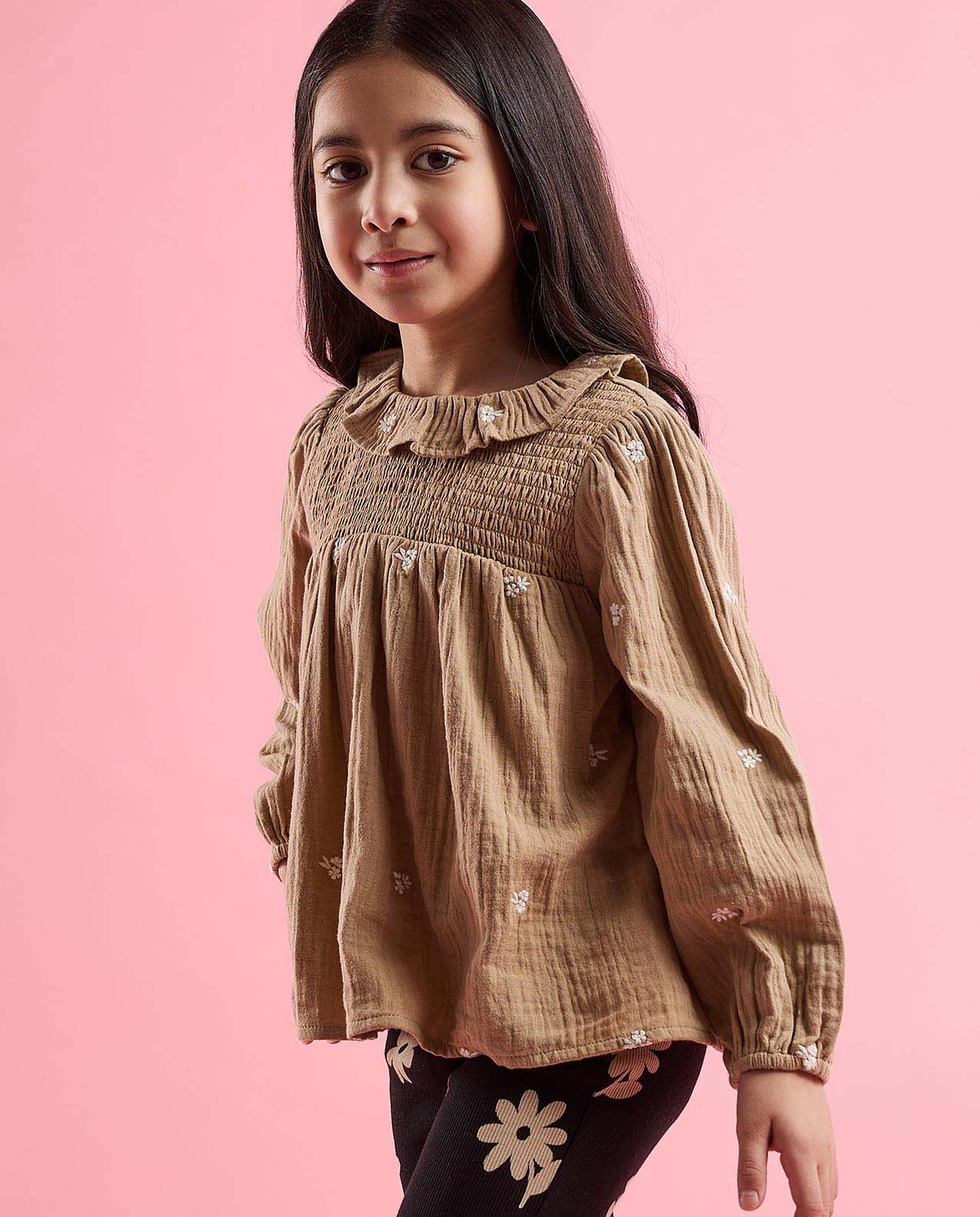 Plaid Top with Crew Neck and Bishop Sleeves