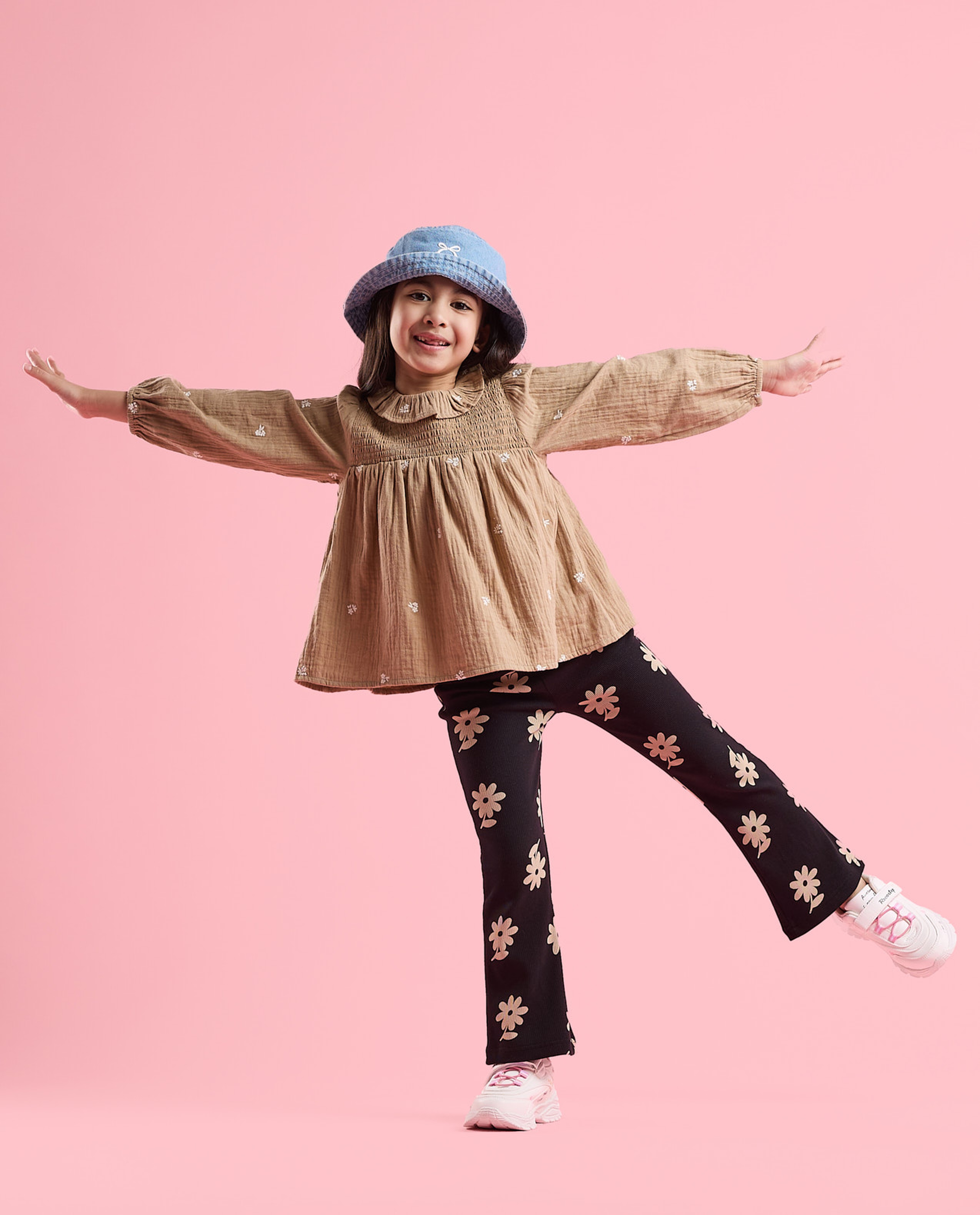 Plaid Top with Crew Neck and Bishop Sleeves